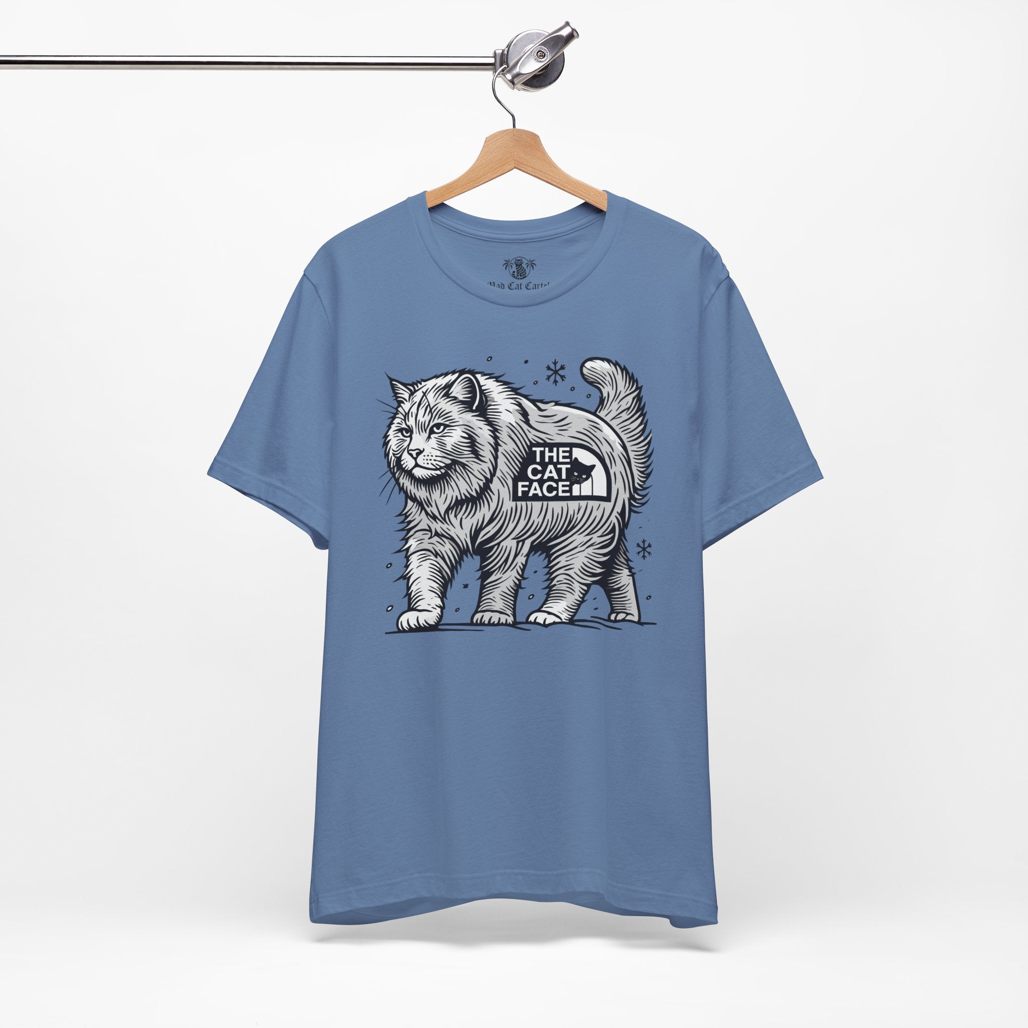 Levander blue Snow Explorer cat shirt on hanger – cat clothes for humans