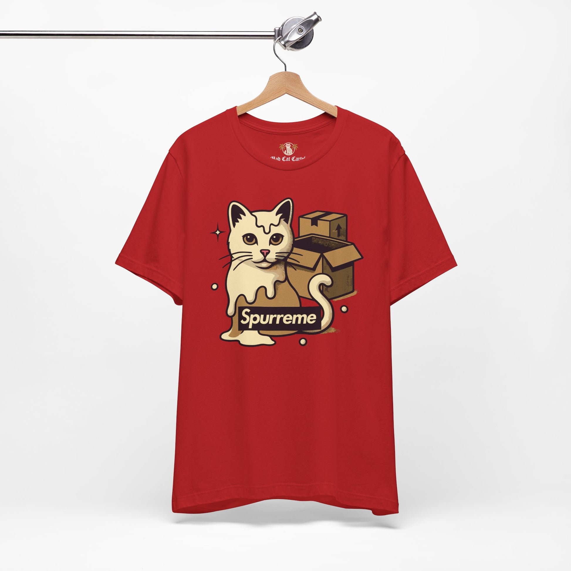 Red t shirt hanging on wooden hanger men’s cat shirt