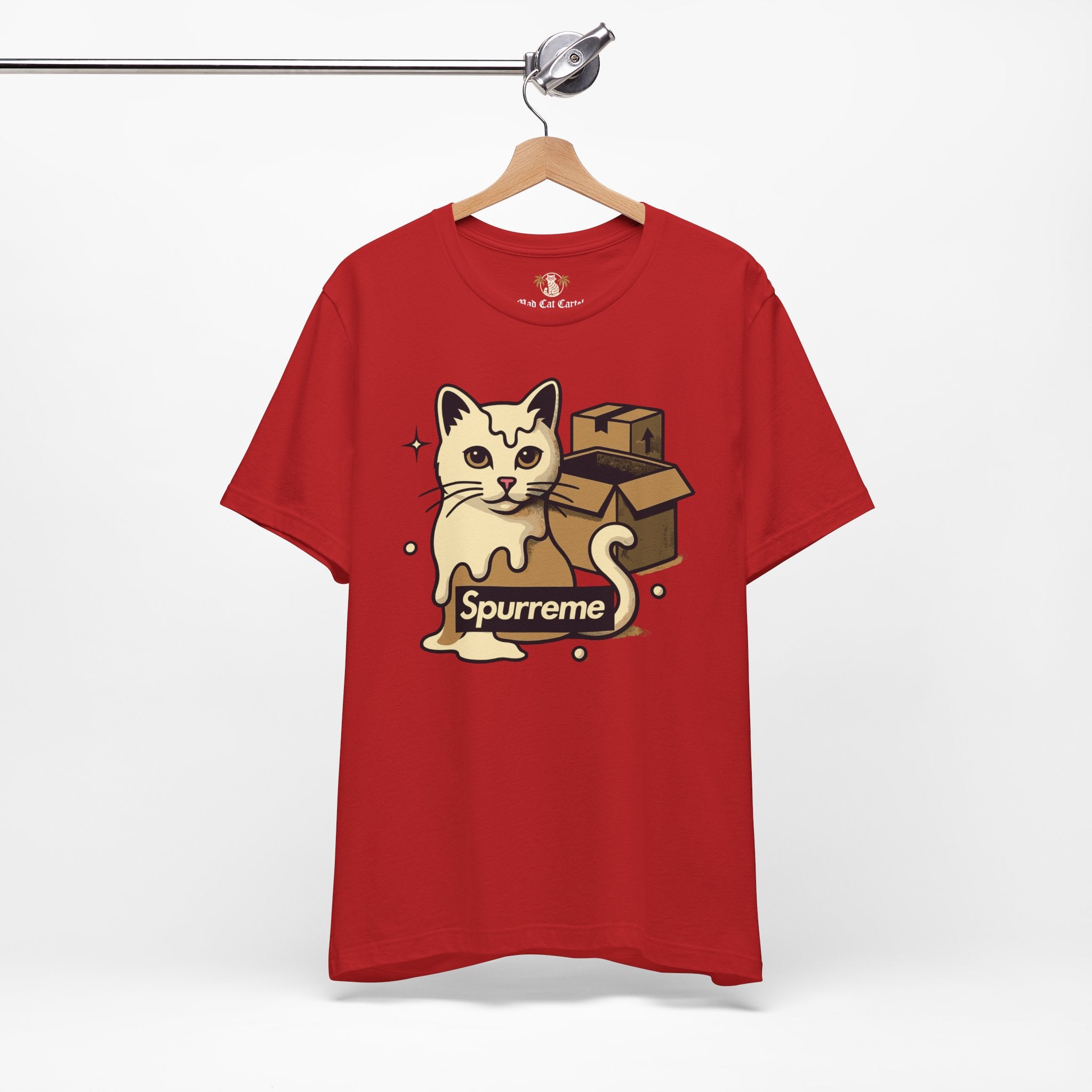 Red t shirt hanging on wooden hanger men’s cat shirt
