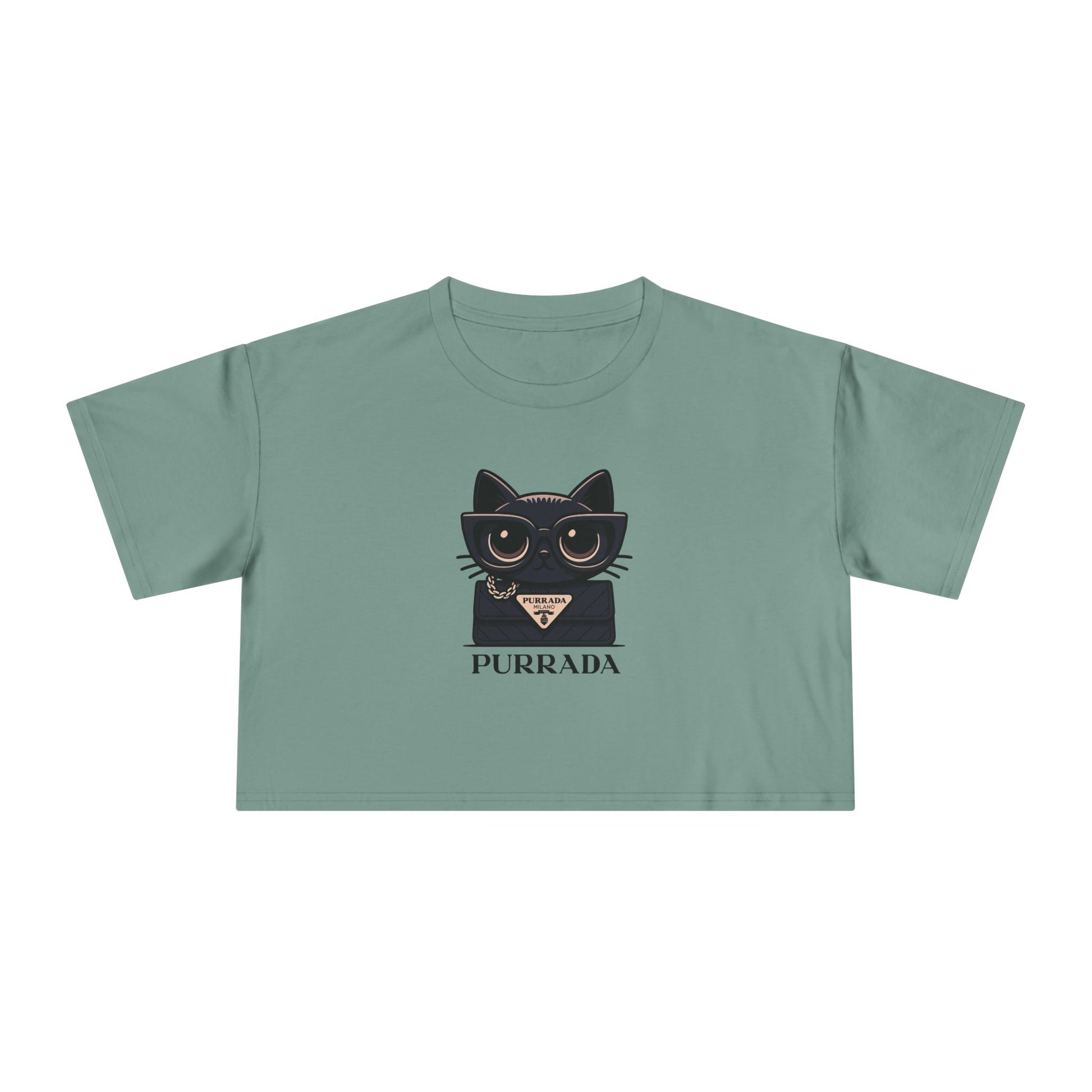 Purrada Noir Bag Cat Graphic Women's Crop Tee, green crop top