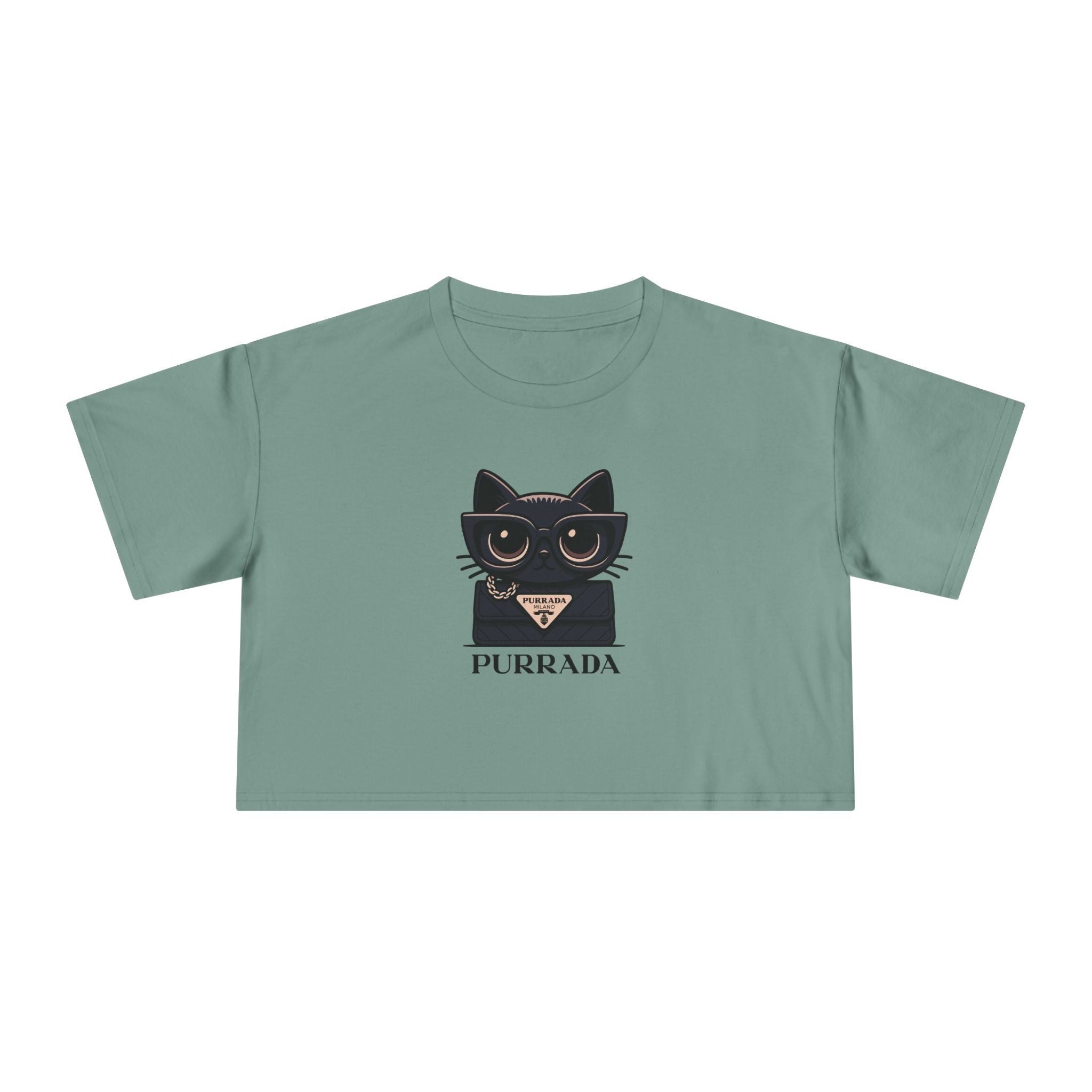 Purrada Noir Bag Cat Graphic Women's Crop Tee, green crop top