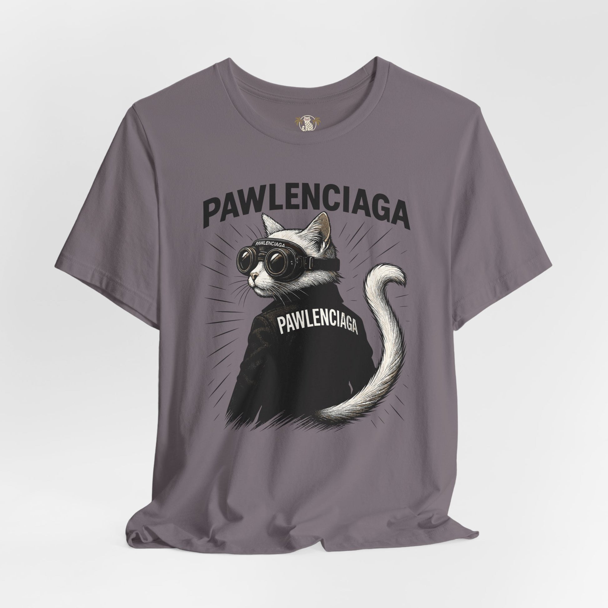storm gray Pawlenciaga cat tee, front view, cat on a shirt