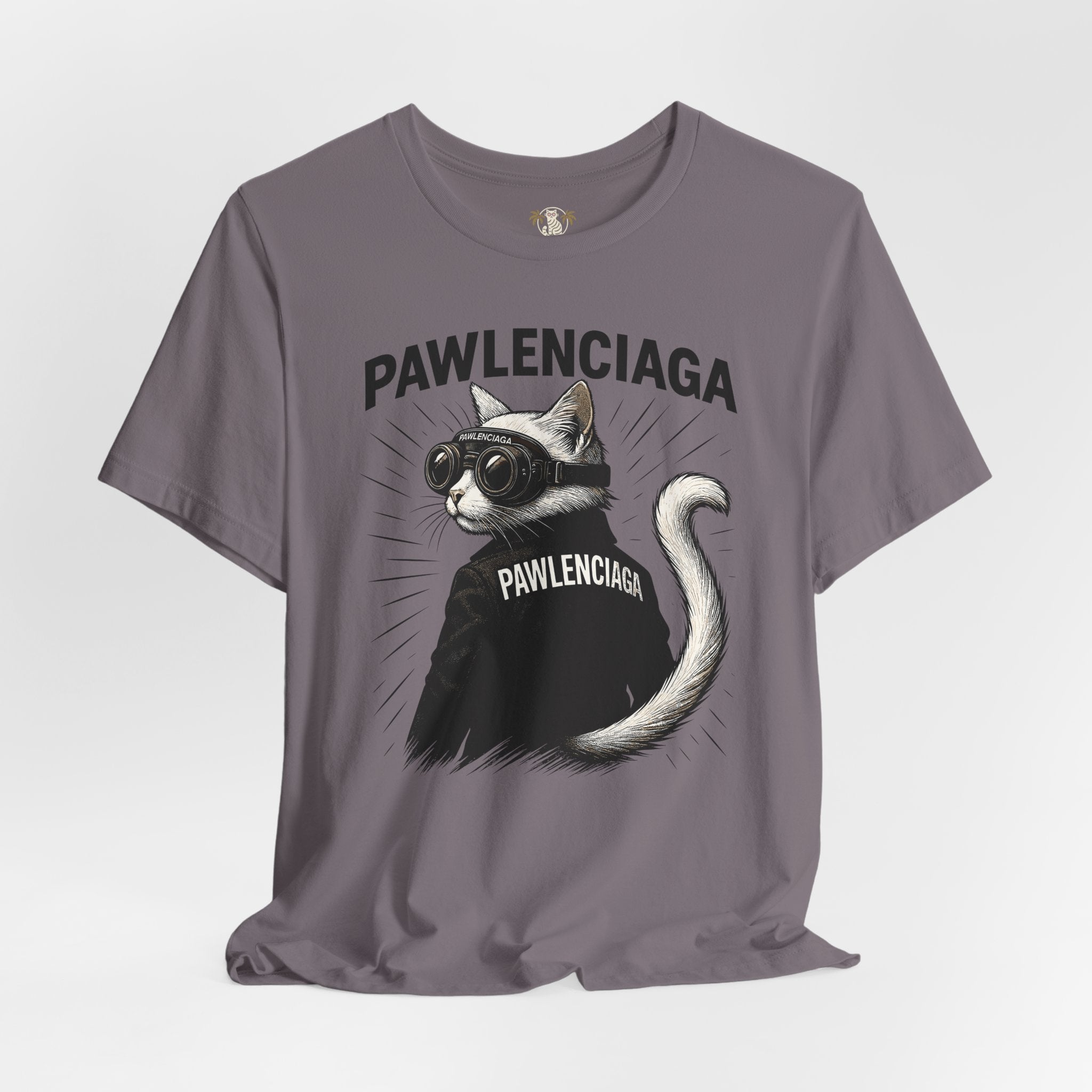 storm gray Pawlenciaga cat tee, front view, cat on a shirt