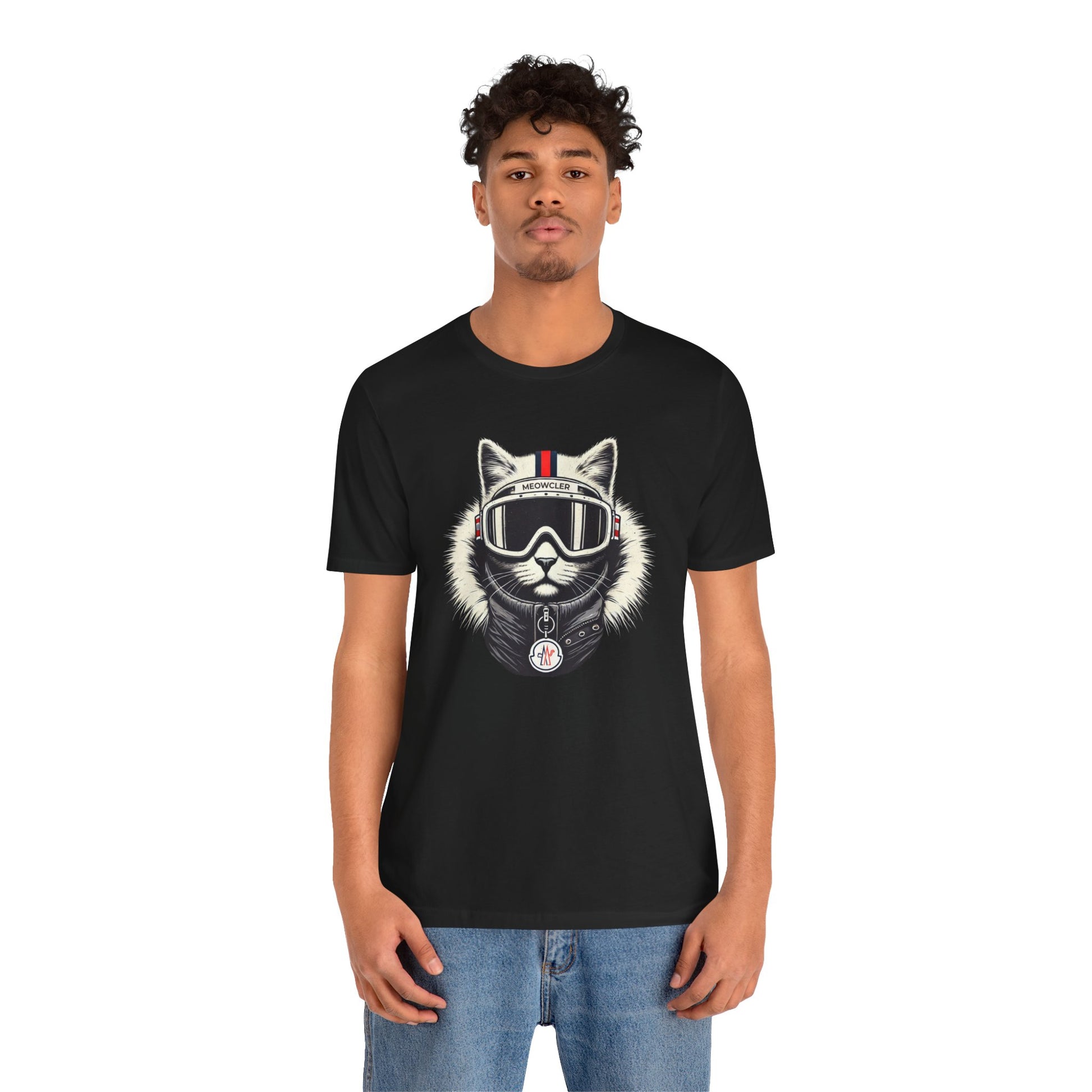 Male model wearing Meowcler ski cat black graphic tee, funny t shirts for men