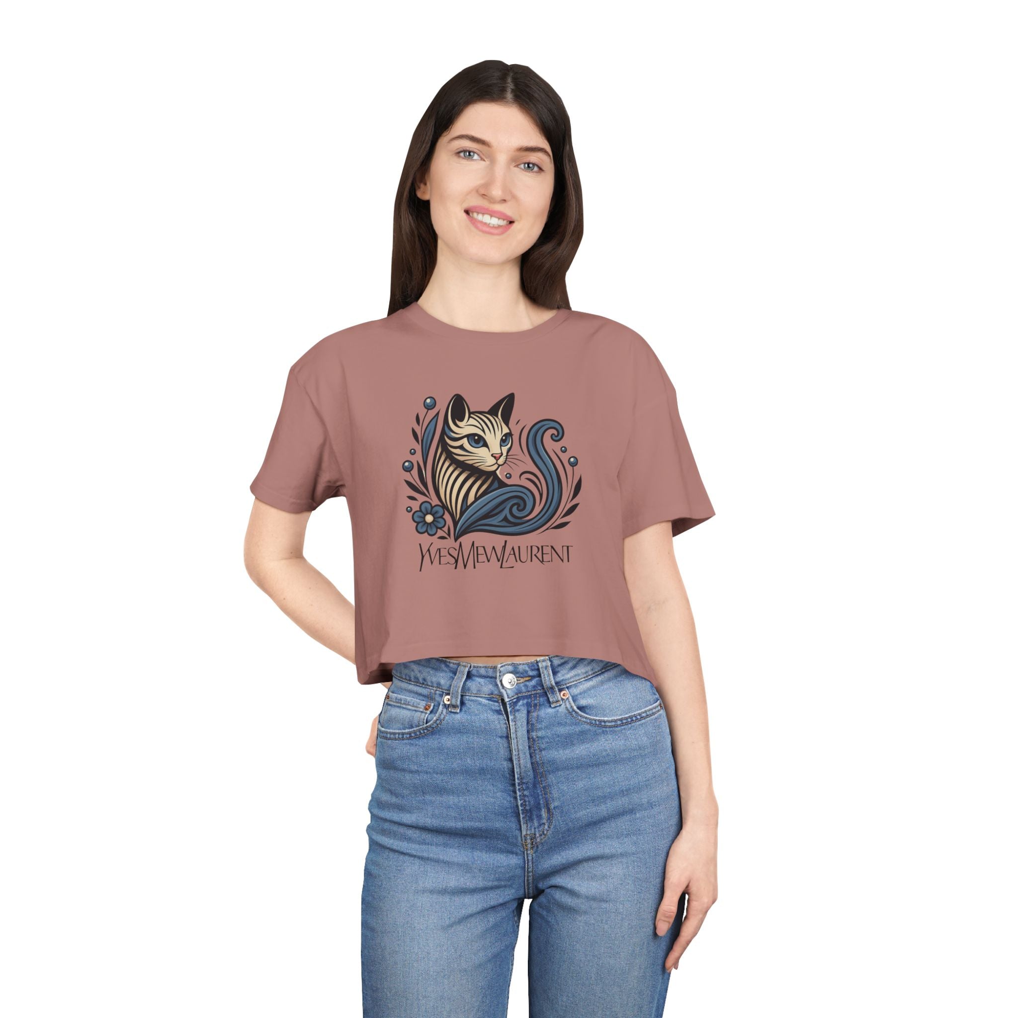 Yves Mew Laurent Floral Cat Art Women’s Cropped T Shirt