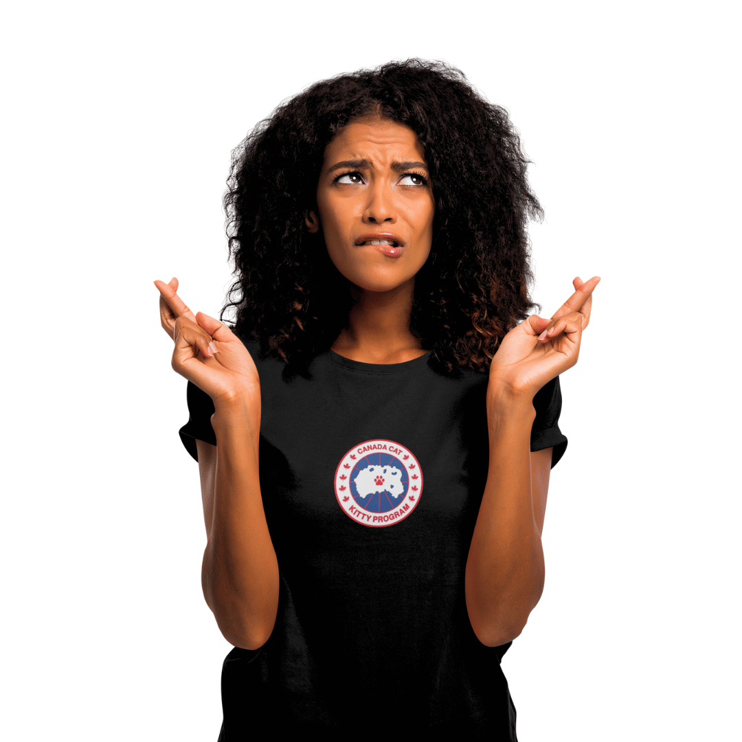 Black Canada Cat Kitty Program Logo ladies graphic t shirt worn by woman model front view