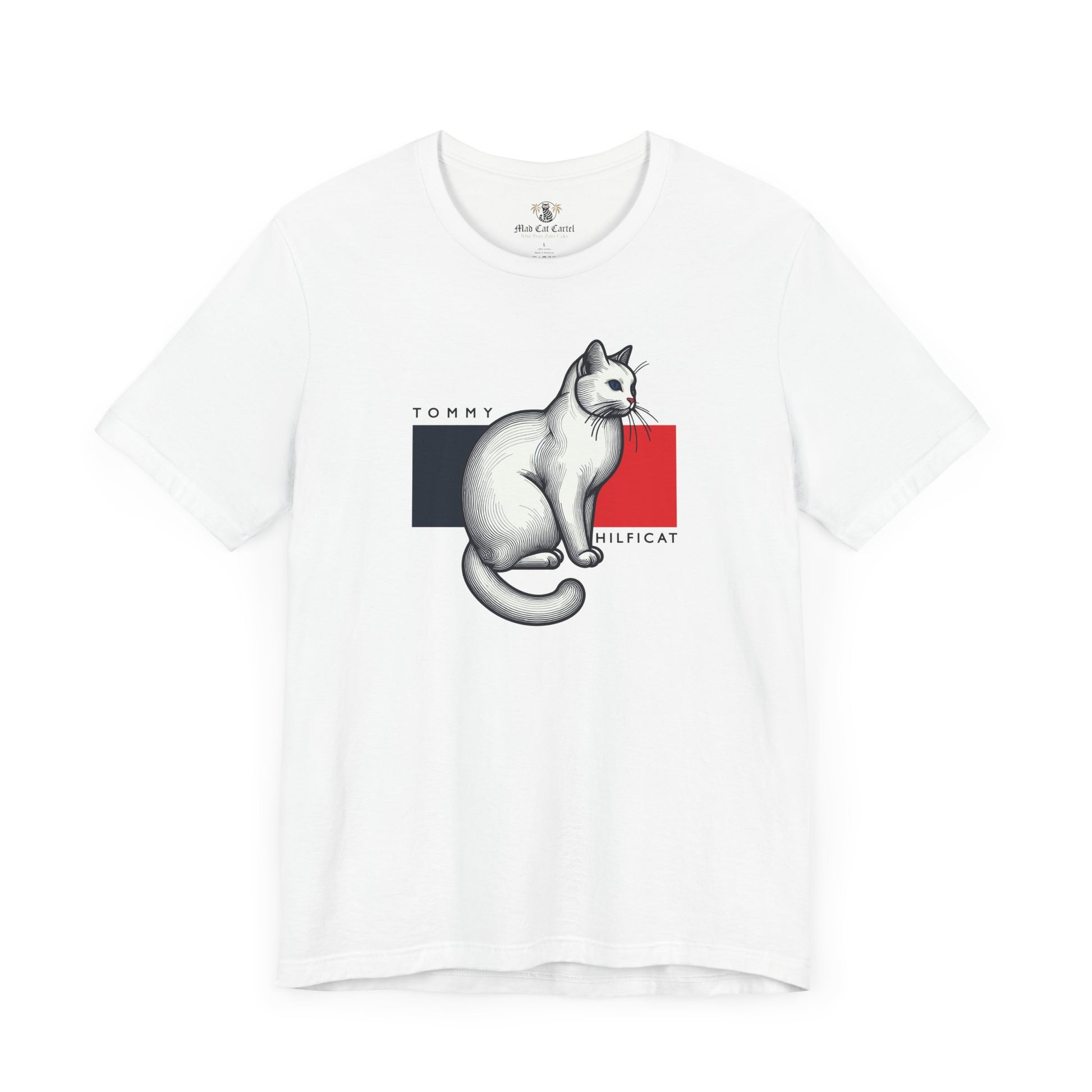 Tommy Hilficat Classic Flag Cat Graphic T-Shirt White – cat lover shirt flat lay front