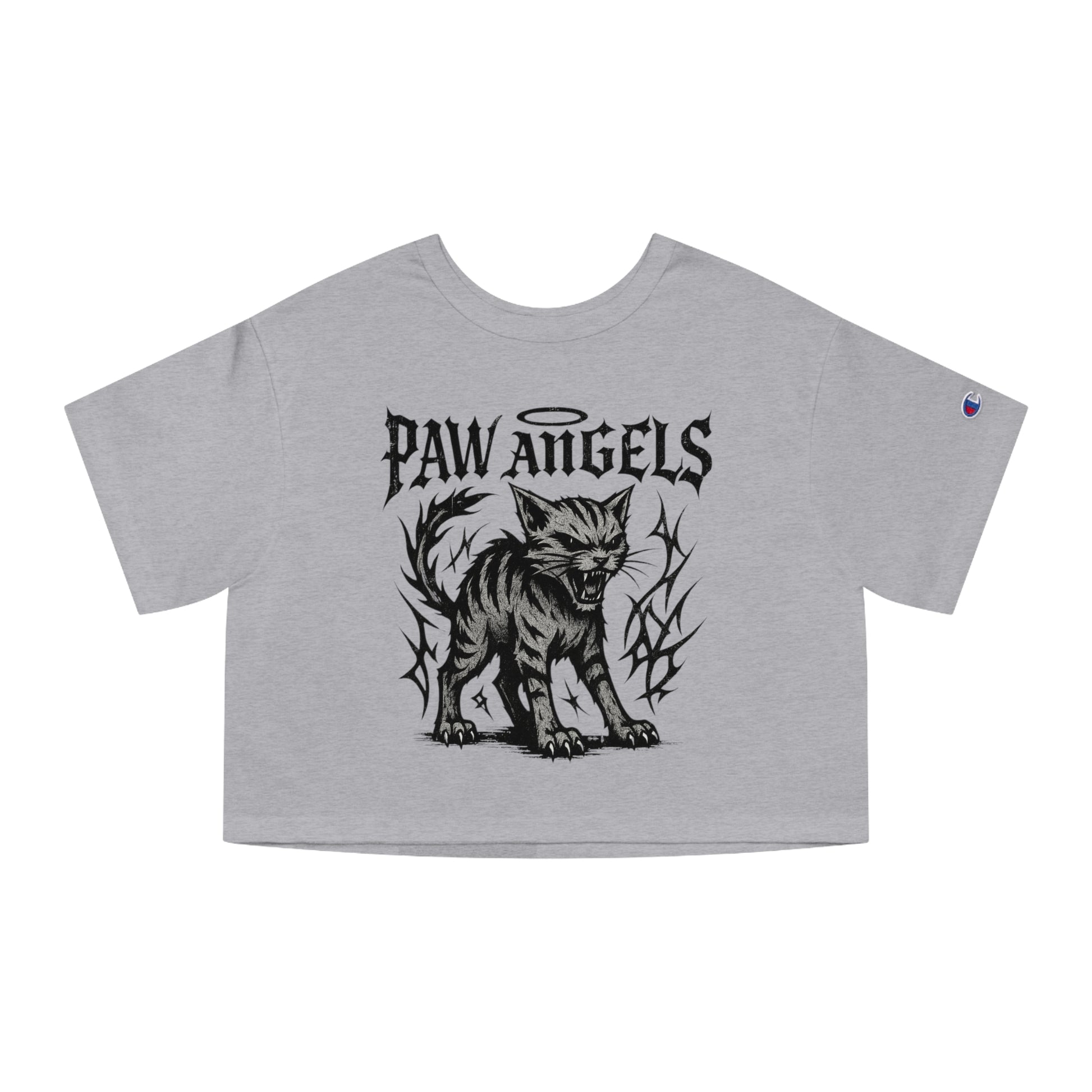 Paw Angels x Champion Hellcat Graphic Cropped T-Shirt, shirts for cat lovers, oxford gray front view
