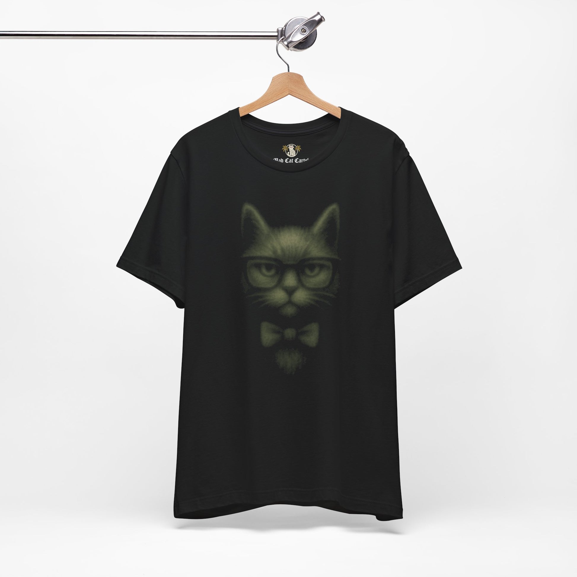 Hanger display of women's black graphic cat t shirt cat on a shirt