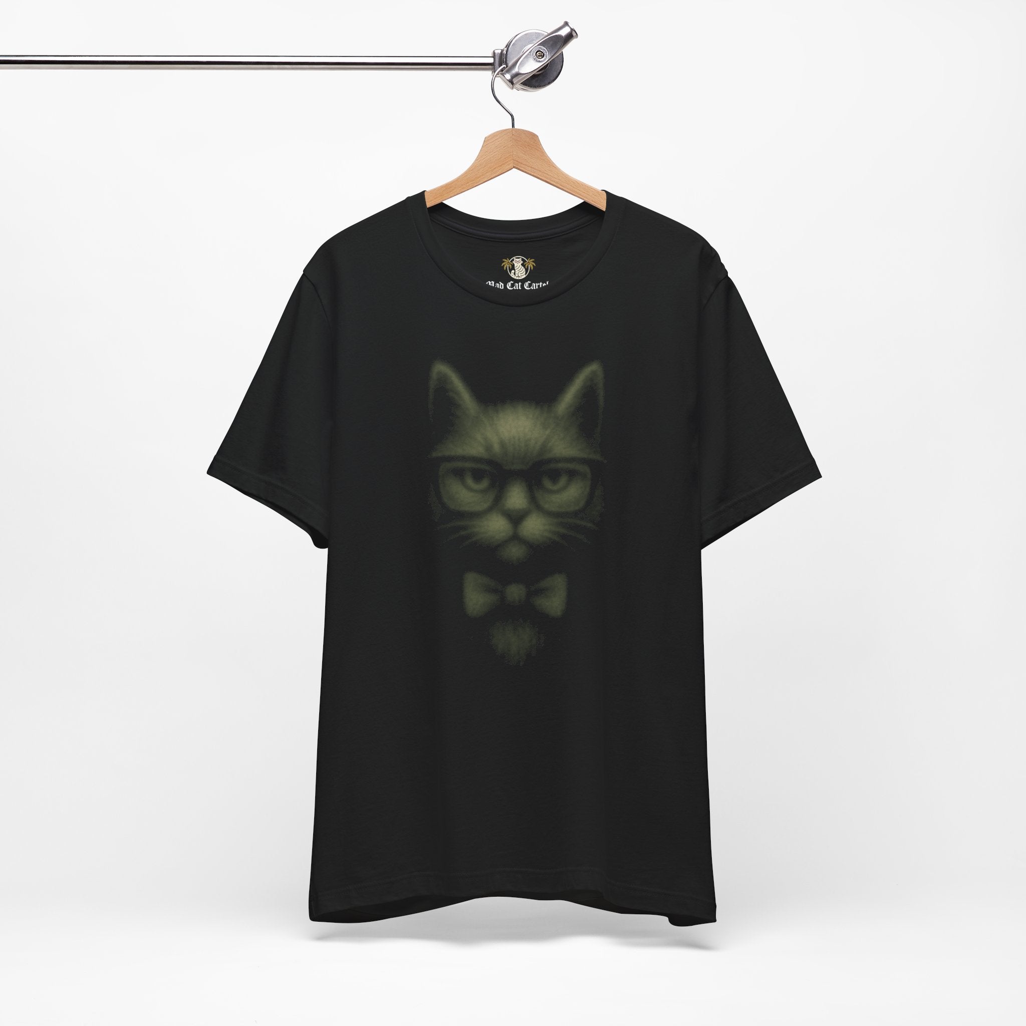 Hanger display of women's black graphic cat t shirt cat on a shirt
