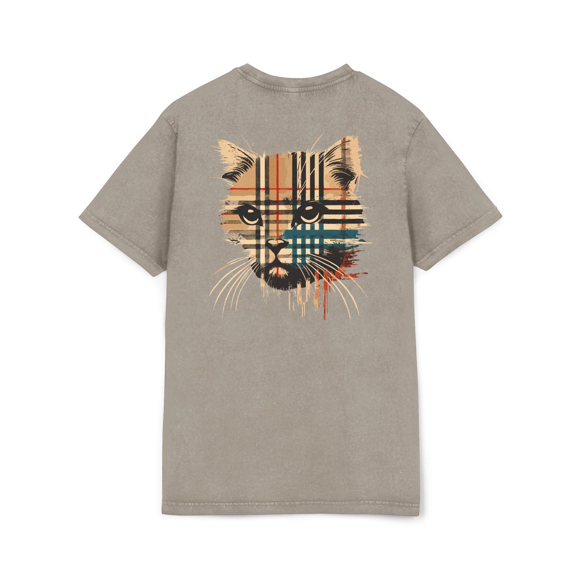 Back view of Purrberry London Spray Crest Dark Khaki Cat Graphic T Shirt, cat lover t shirts