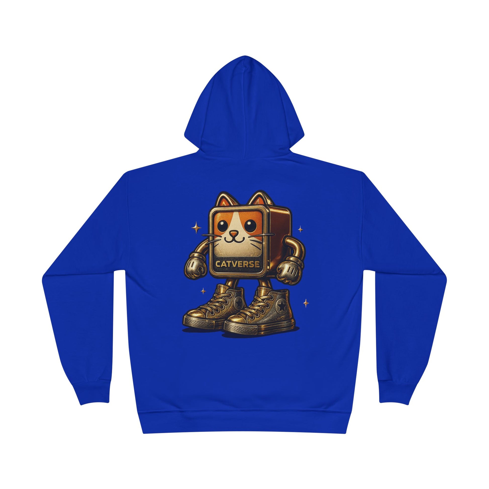 Back view of Catverse athletic blue hoodie with goldbot cat graphic, cat print clothing
