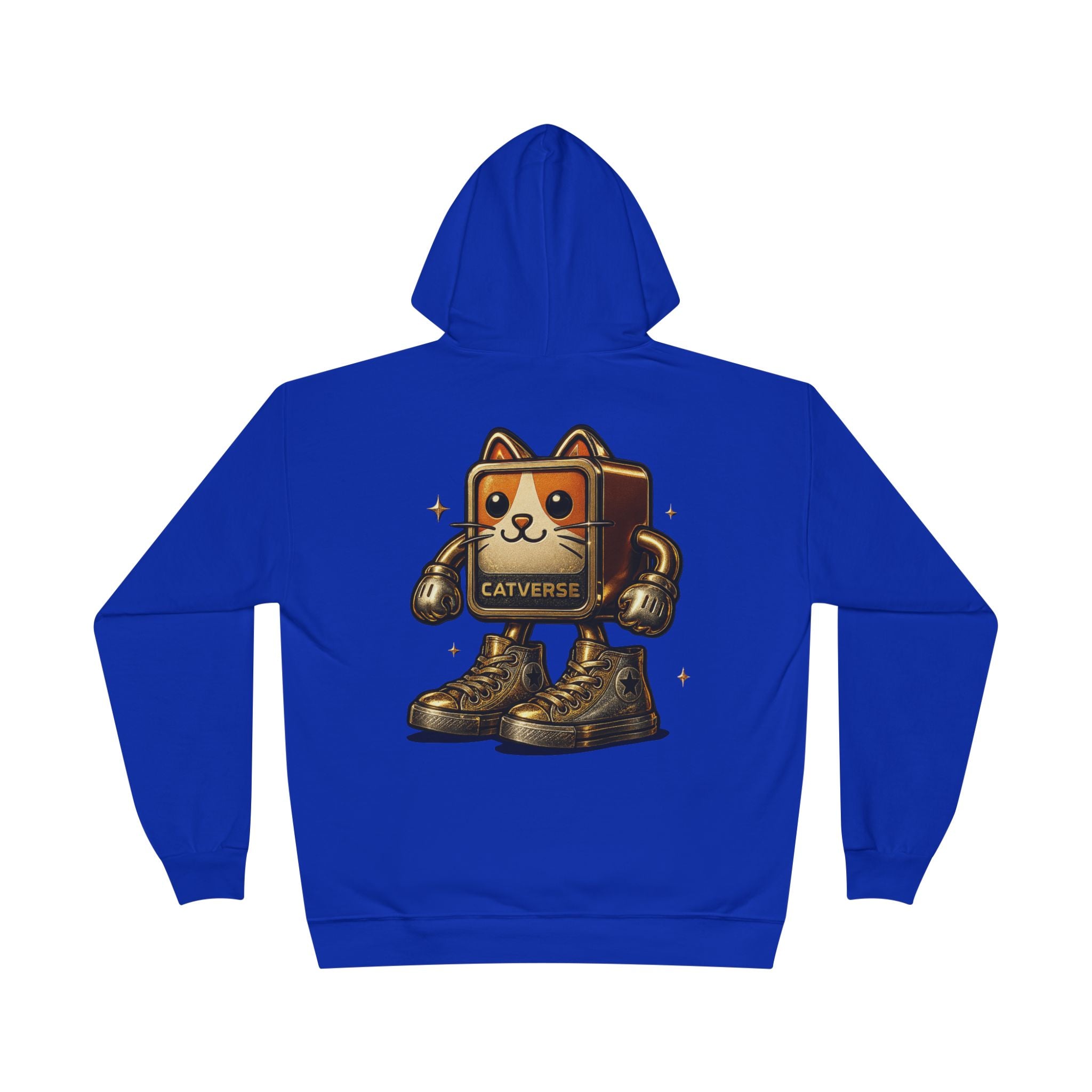 Back view of Catverse athletic blue hoodie with goldbot cat graphic, cat print clothing