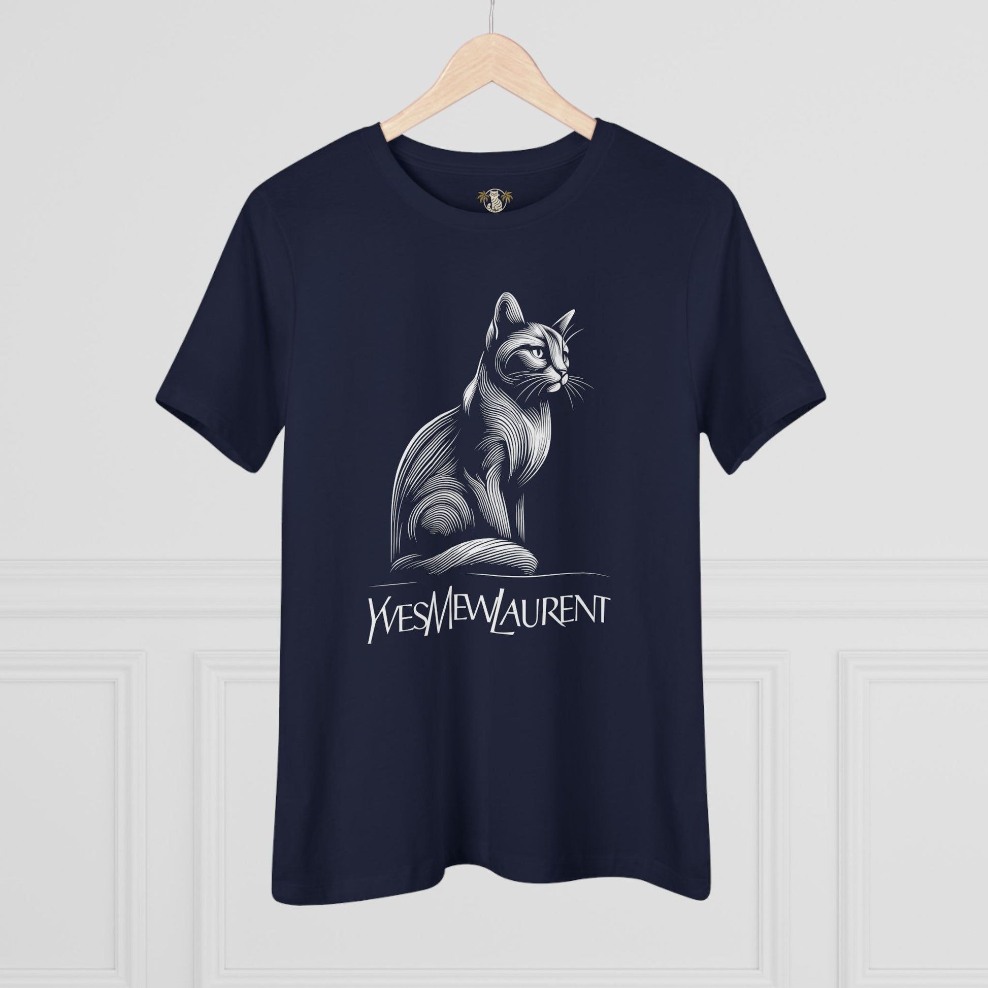 Yves Mew Laurent navy blue cat graphic women's t shirt on hanger, elegant cotton tee for cat lovers