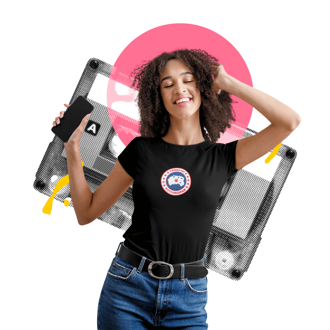 Black womens cat tee graphic shown on female model front view