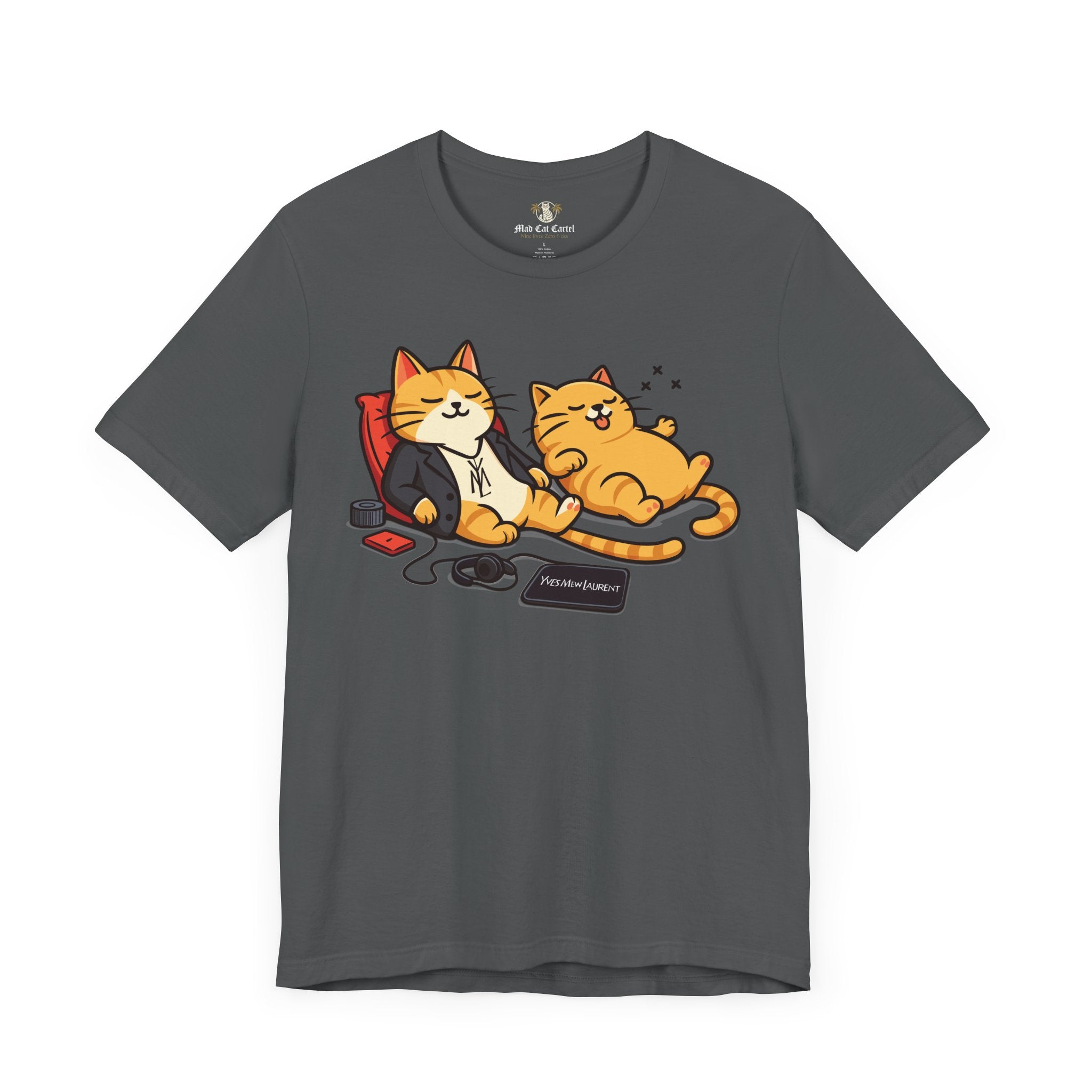 Yves Mew Laurent Chill Cats Cartoon Graphic T Shirt, tgray graphic tee