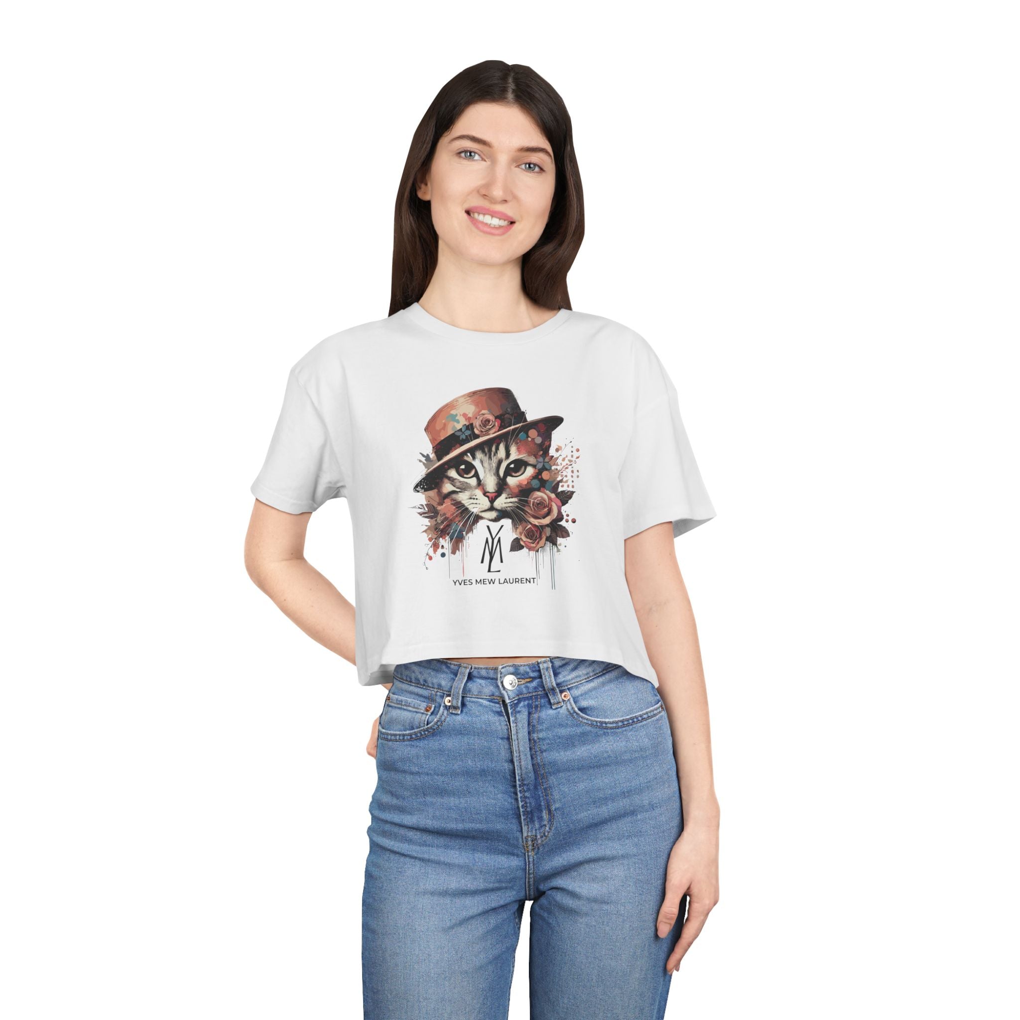 smiling model wearing Yves Mew Laurent white cat crop top, casual cat themed apparel