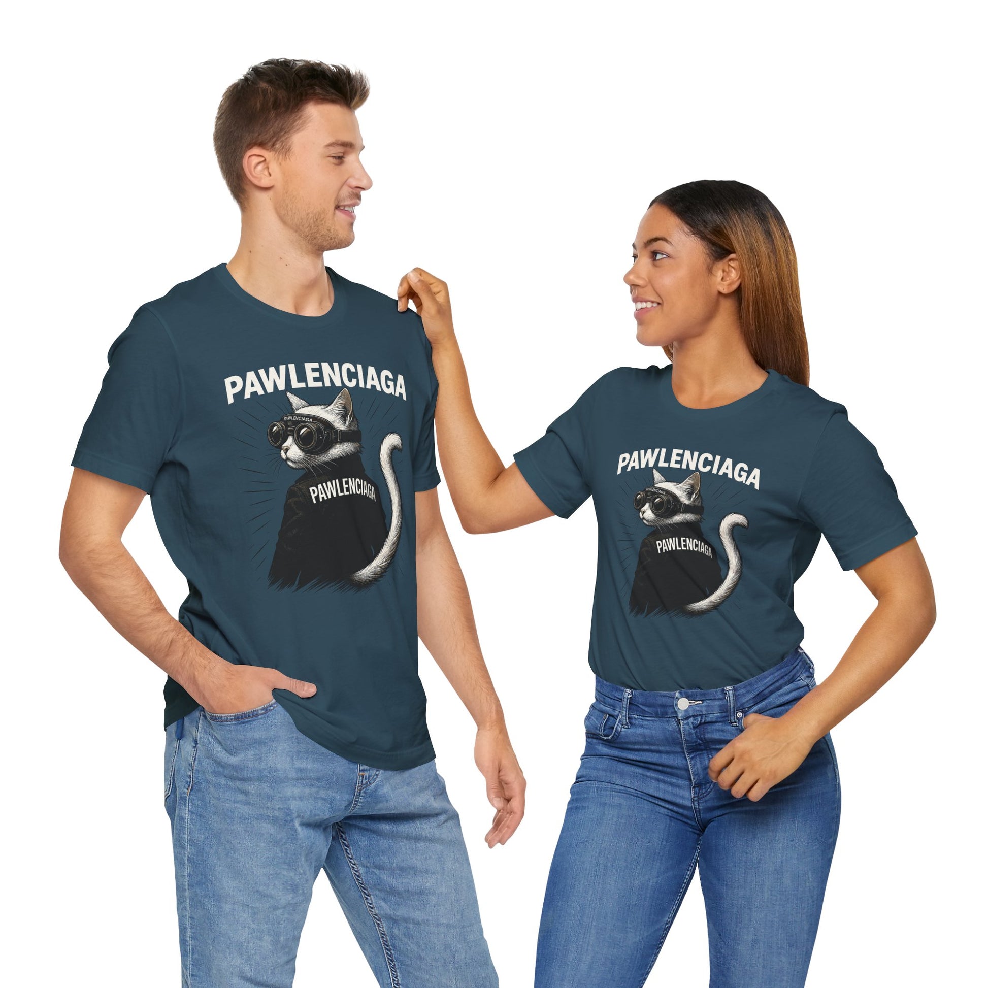 deep teal Pawlenciaga cat tee, group model shot, funny cat shirts for men and women, lifestyle view