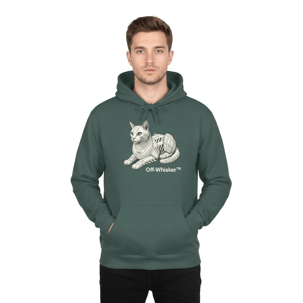 Man modeling Off-Whisker blue spruce hoodie indoors, gifts for cat dads