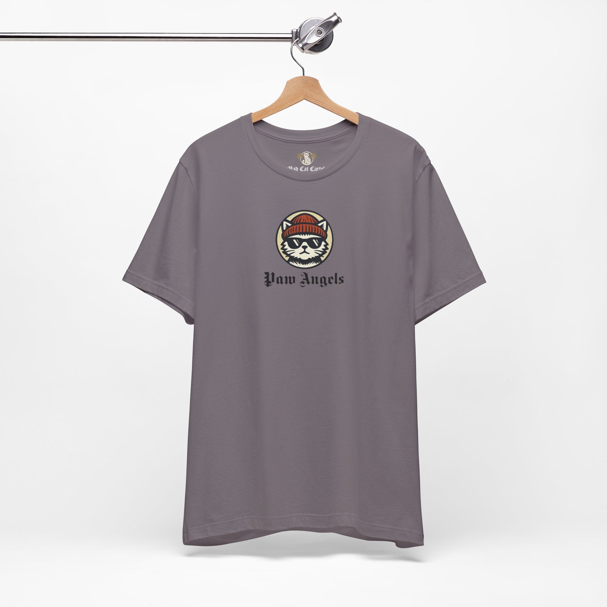 Storm gray Paw Angels Born to Fly street angel cat t-shirt on hanger – men's cat shirt