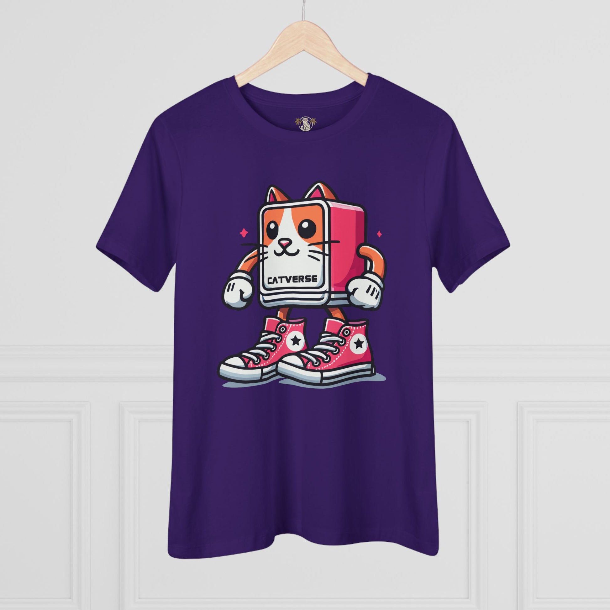 Team purple Catverse Pinkbot tee on hanger front view, funny shirts for men