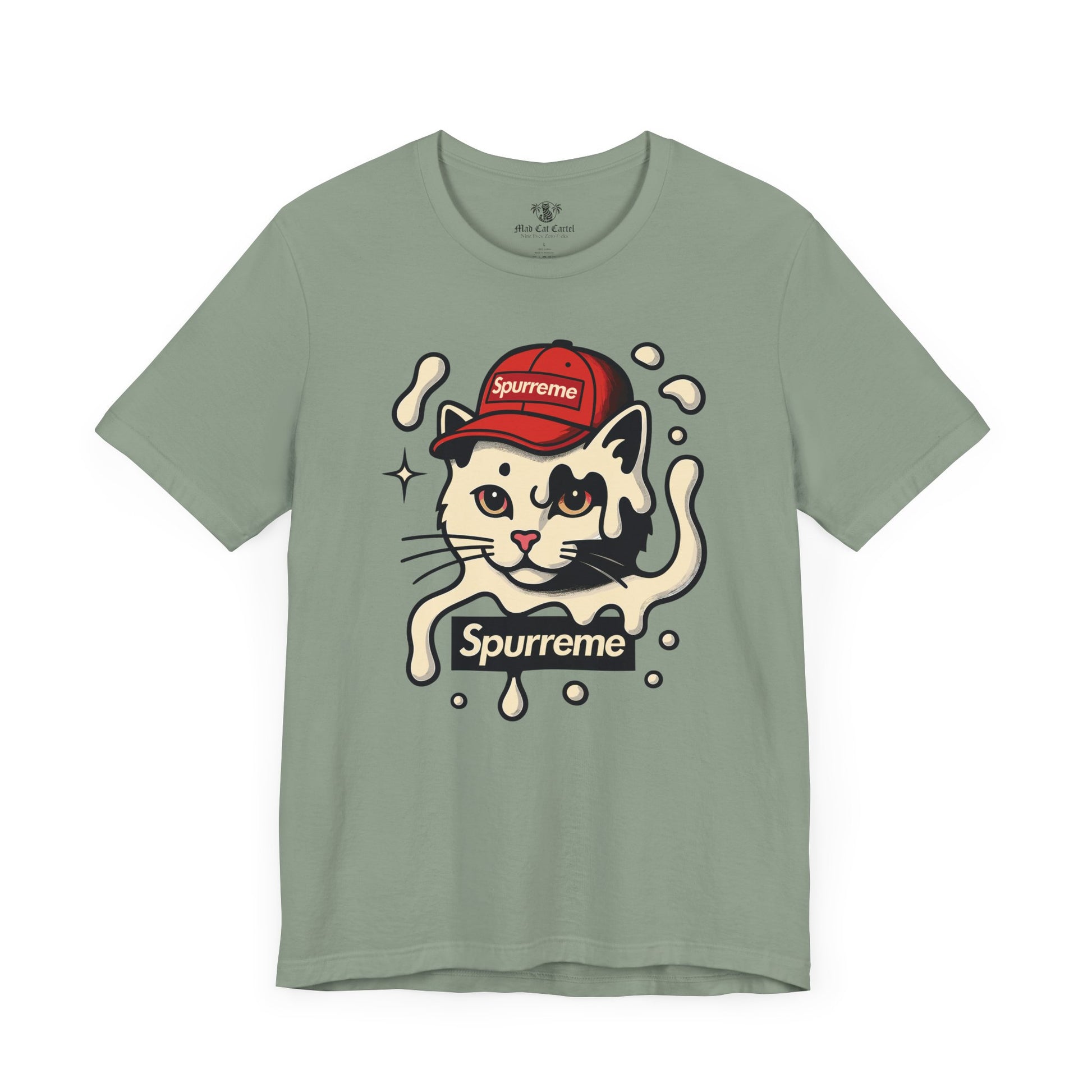 Sage Spurreme Cream Cap Cat Graphic T Shirt flat front – funny cat tees