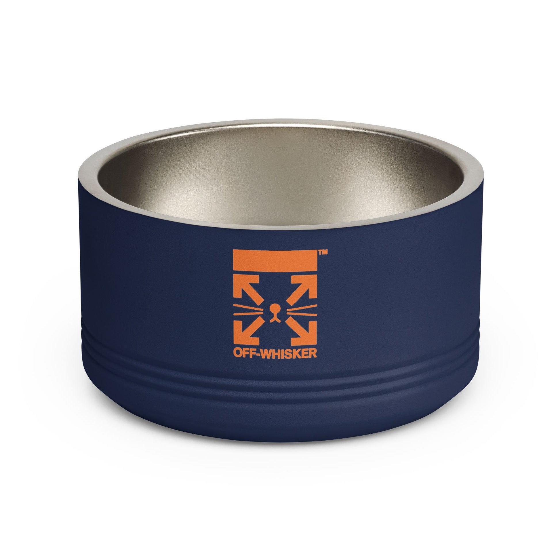 Navy blue designer cat bowl stainless steel pet bowl front Off Whisker logo