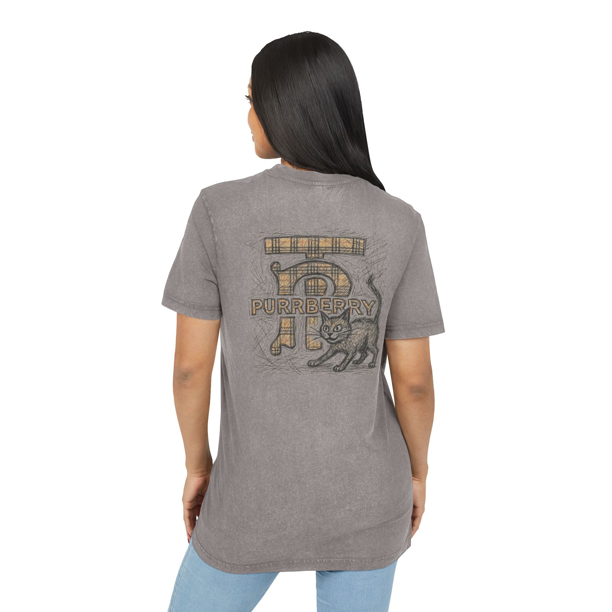 Female model back view wearing Purrberry Heritage Sketch Logo Asphalt Gray Acid Washed Cat Graphic T Shirt, cat clothes for humans