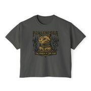 Pawlenciaga The Power of Paw Women's Boxy T Shirt, pepper gray front view, shirts for cat lovers