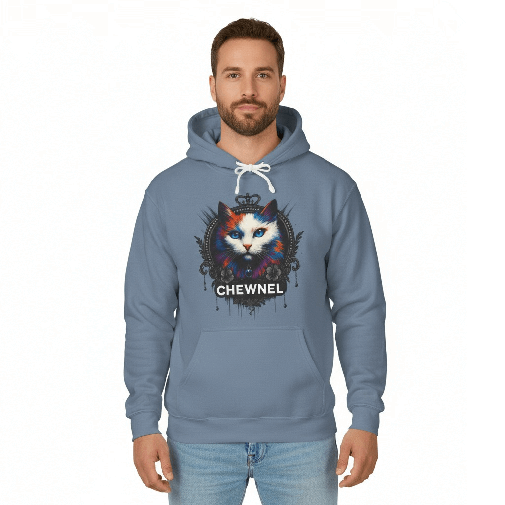 Man posing in Chewnel blue jean cat hoodie, parody clothes