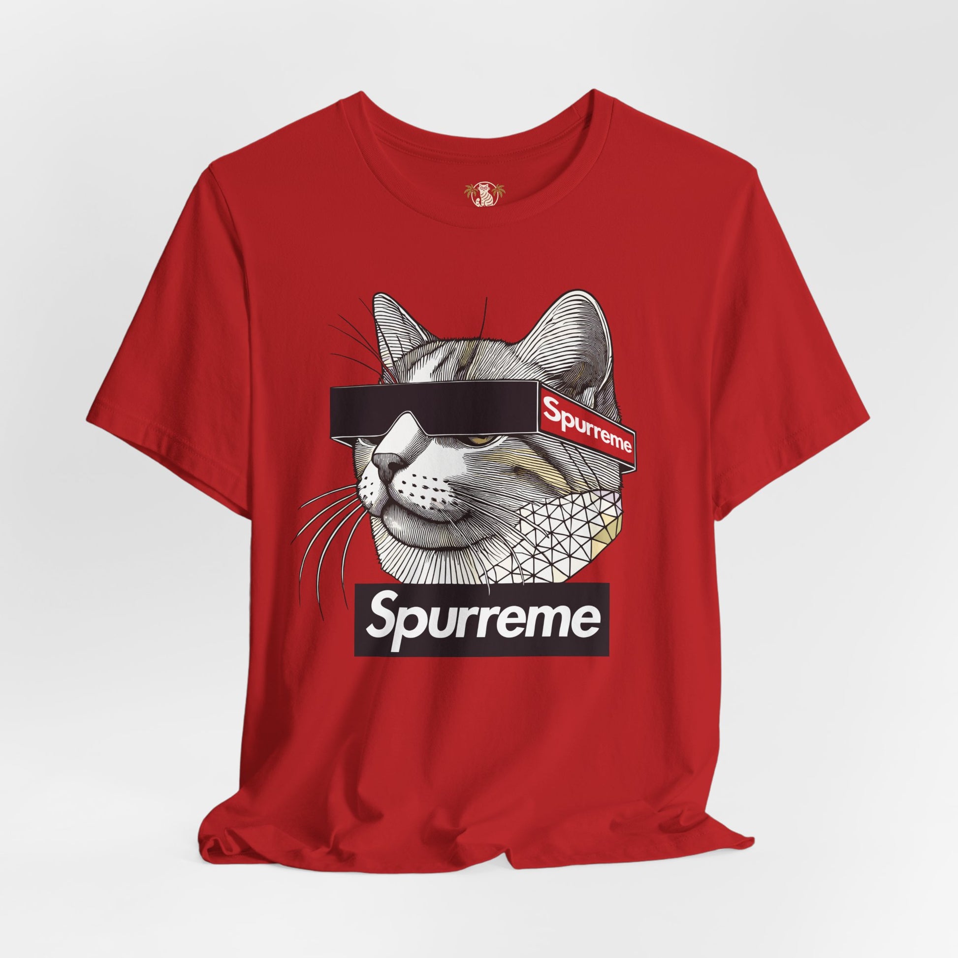Spurreme Triangular Vision Cat Graphic T Shirt in red flat lay, cat t shirts for guys