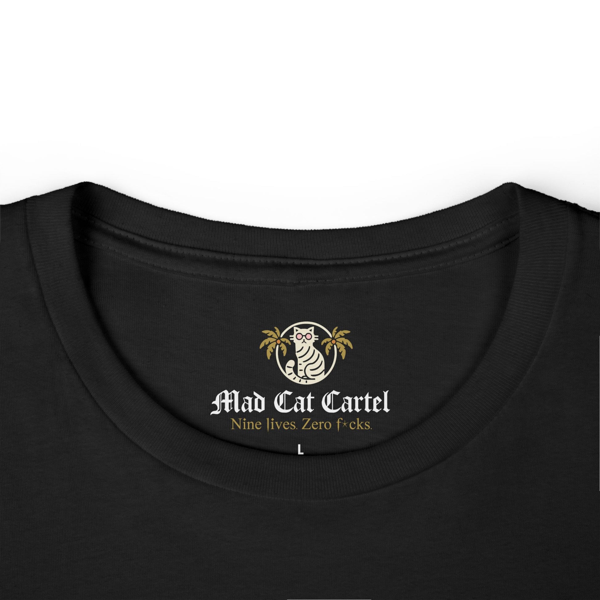 Black cat t shirts funny neckline close-up folded