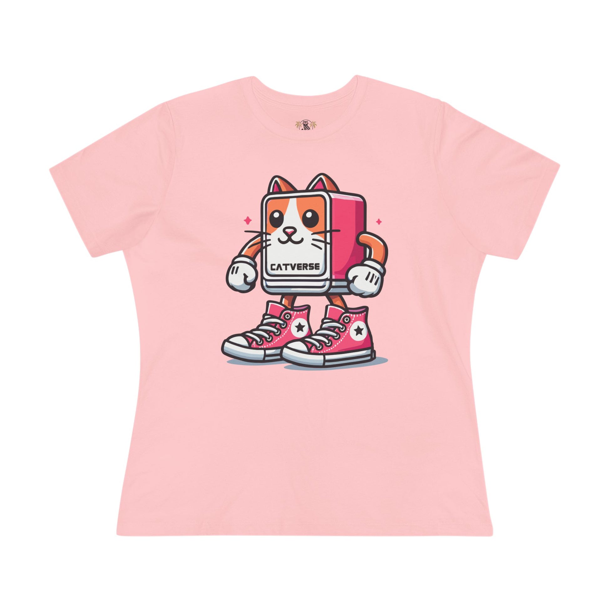 Catverse Pinkbot Cat Graphic Women’s T-Shirt in pink flat lay front view, cat lover t shirt