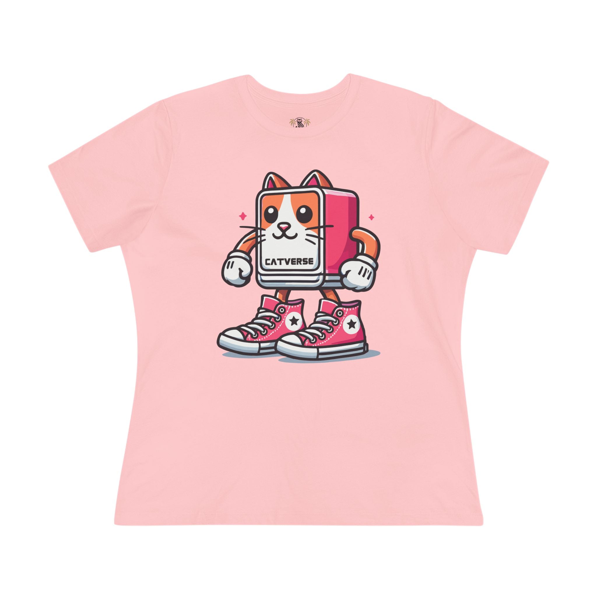 Catverse Pinkbot Cat Graphic Women’s T-Shirt in pink flat lay front view, cat lover t shirt