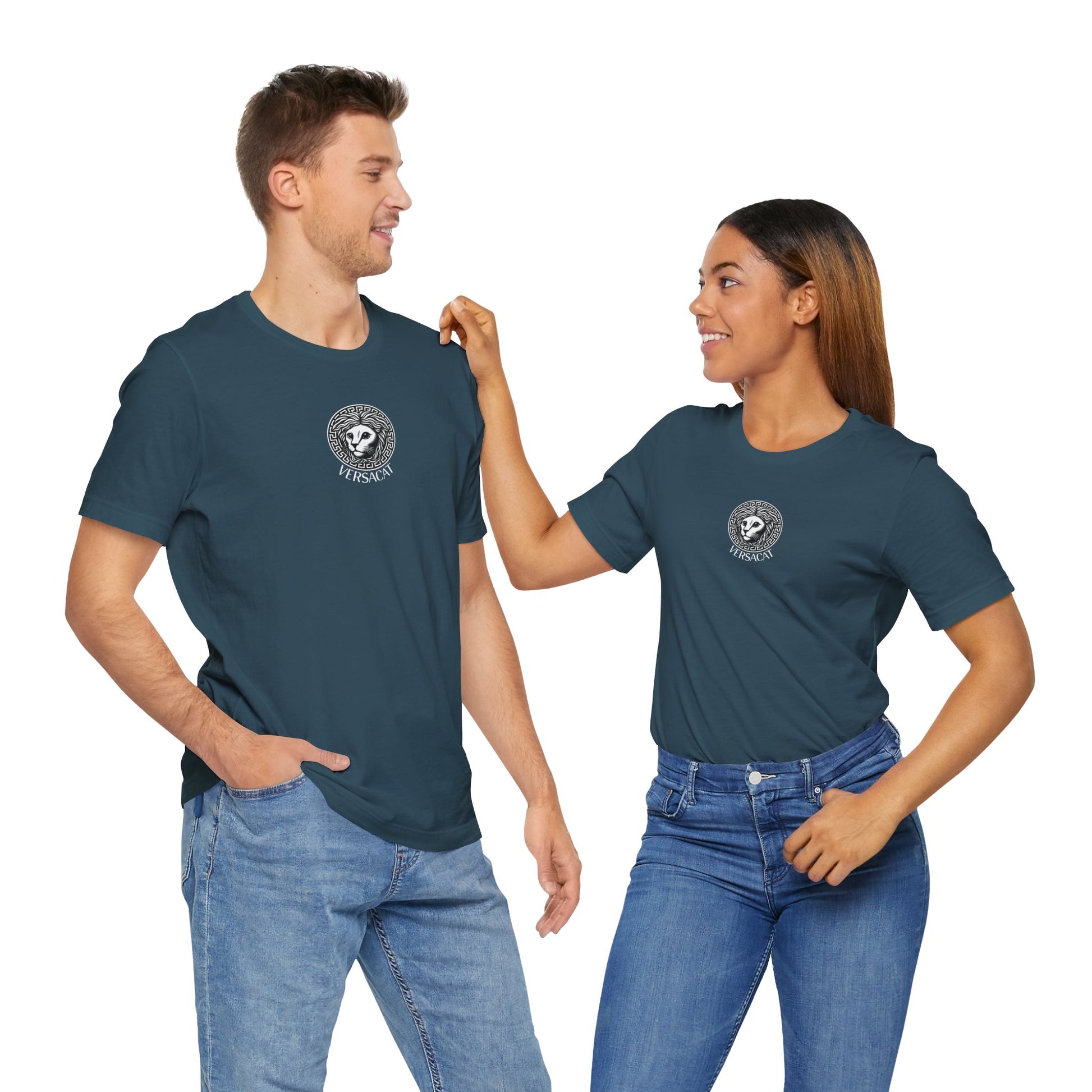 Couple wearing deep teal Versacat Imperial Emblem cool cat shirt – gift ideas for cat owners