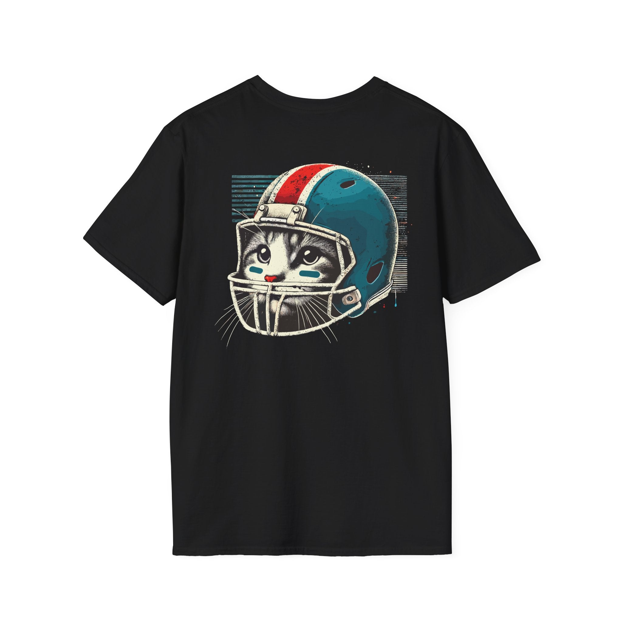 Meowke Quartercat All-Star Helmet Graphic T-Shirt in black, back view