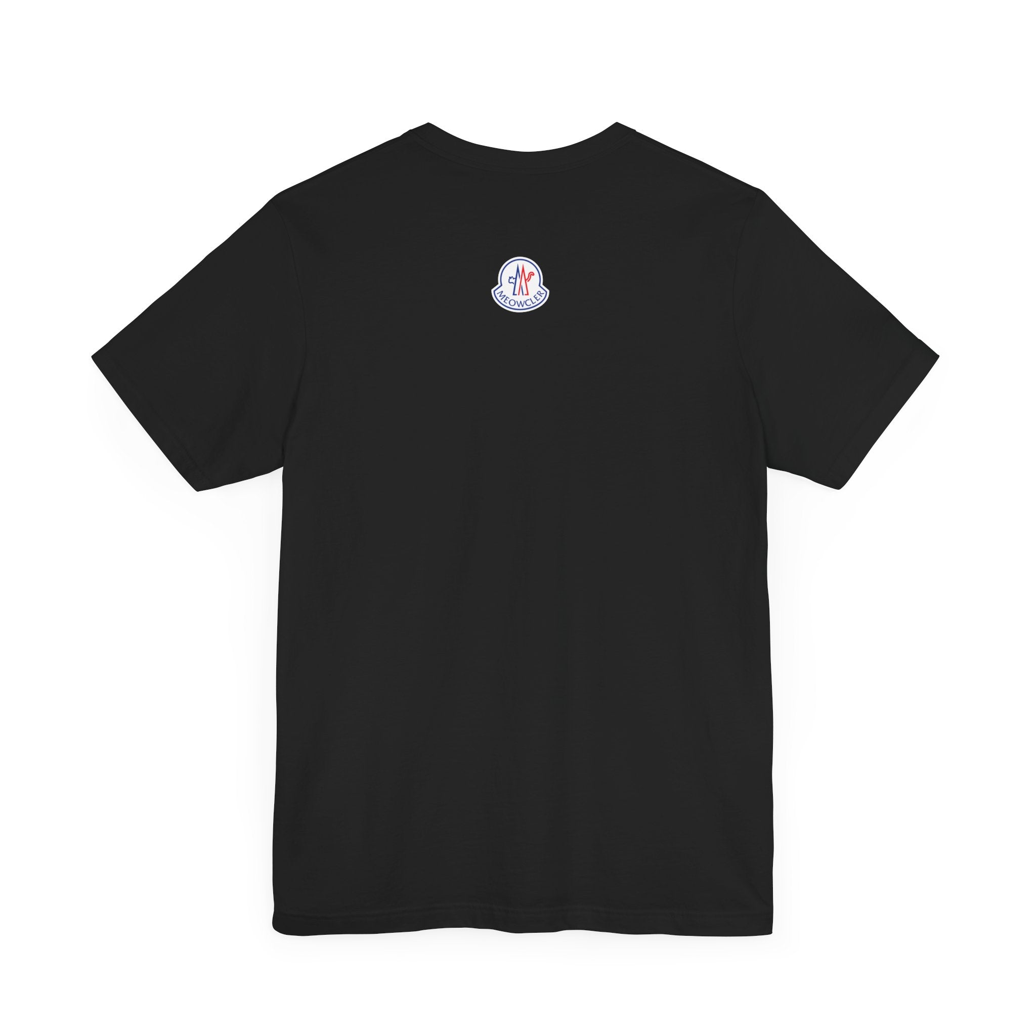 Back view black t shirt with small Meowcler logo print