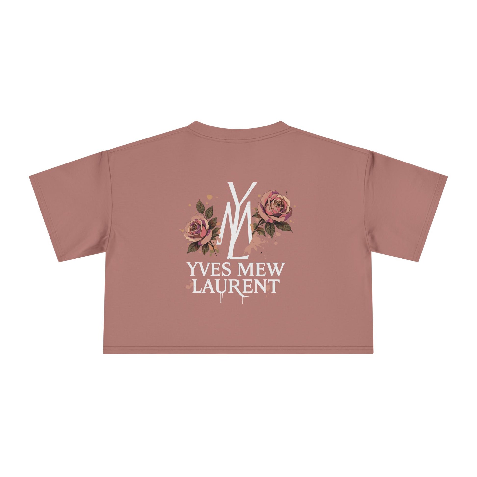 back view of Yves Mew Laurent orchid pink crop top, cat themed apparel