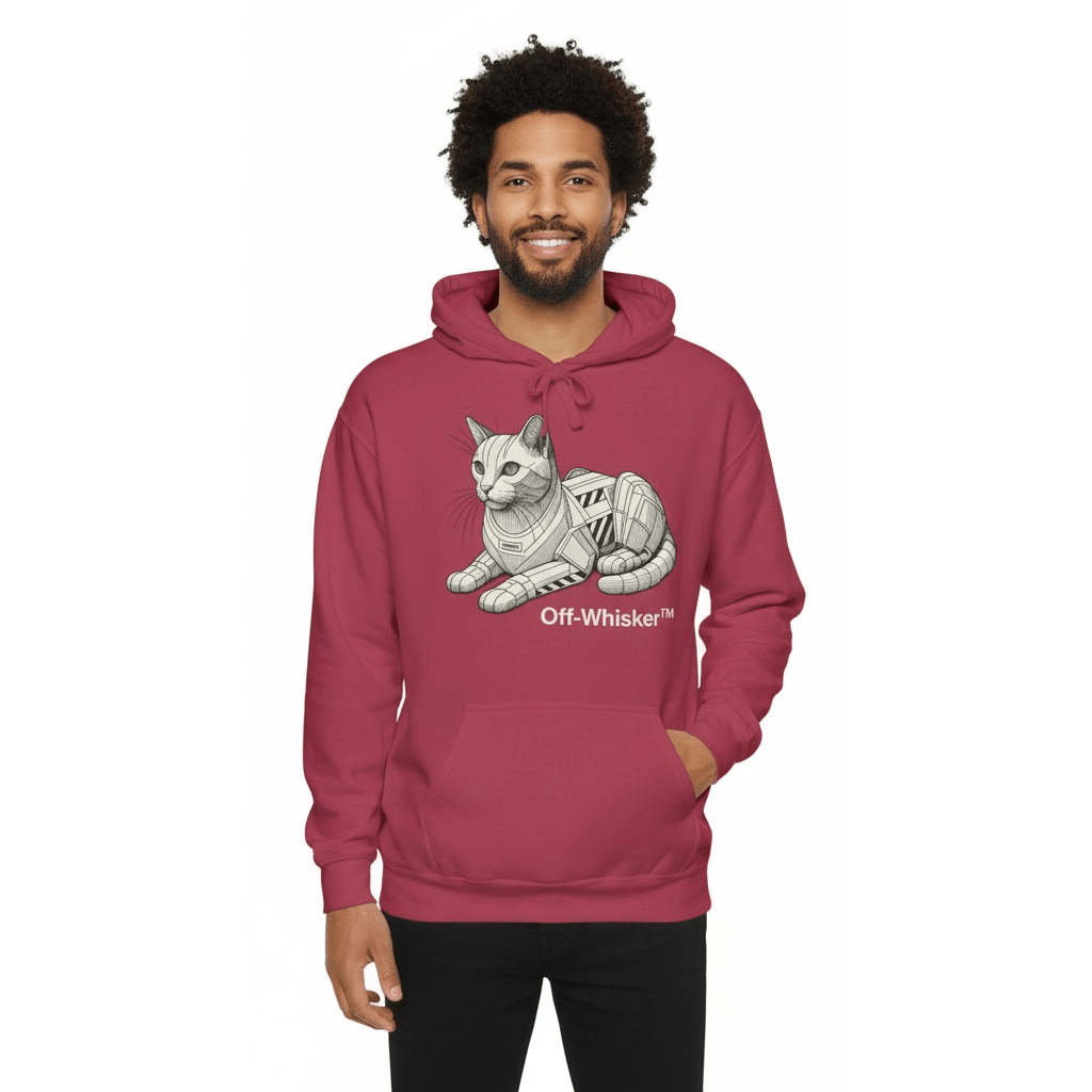 Man modeling Off-Whisker crimson red hoodie with chest cat graphic, hoodie for cat lovers