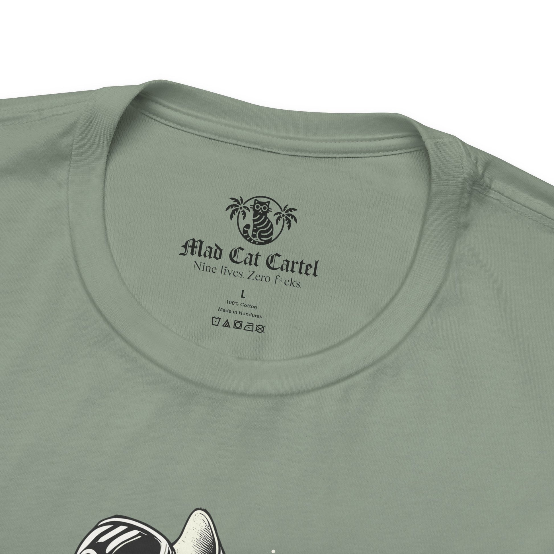 Sage t shirt close-up collar detail, cat print tee shirts