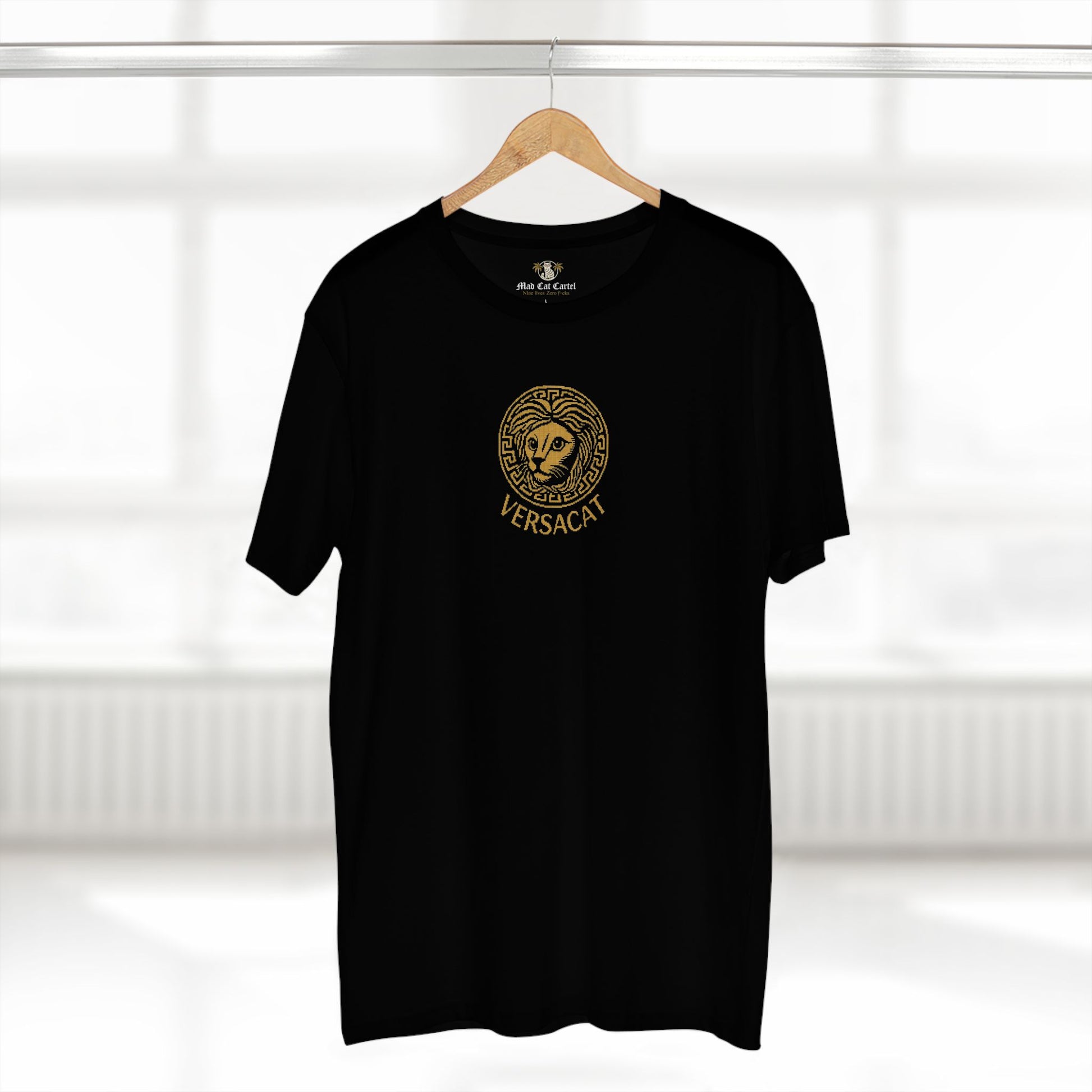 Versacat black graphic t shirt displayed on wooden hanger, stylish black tee for cat lovers