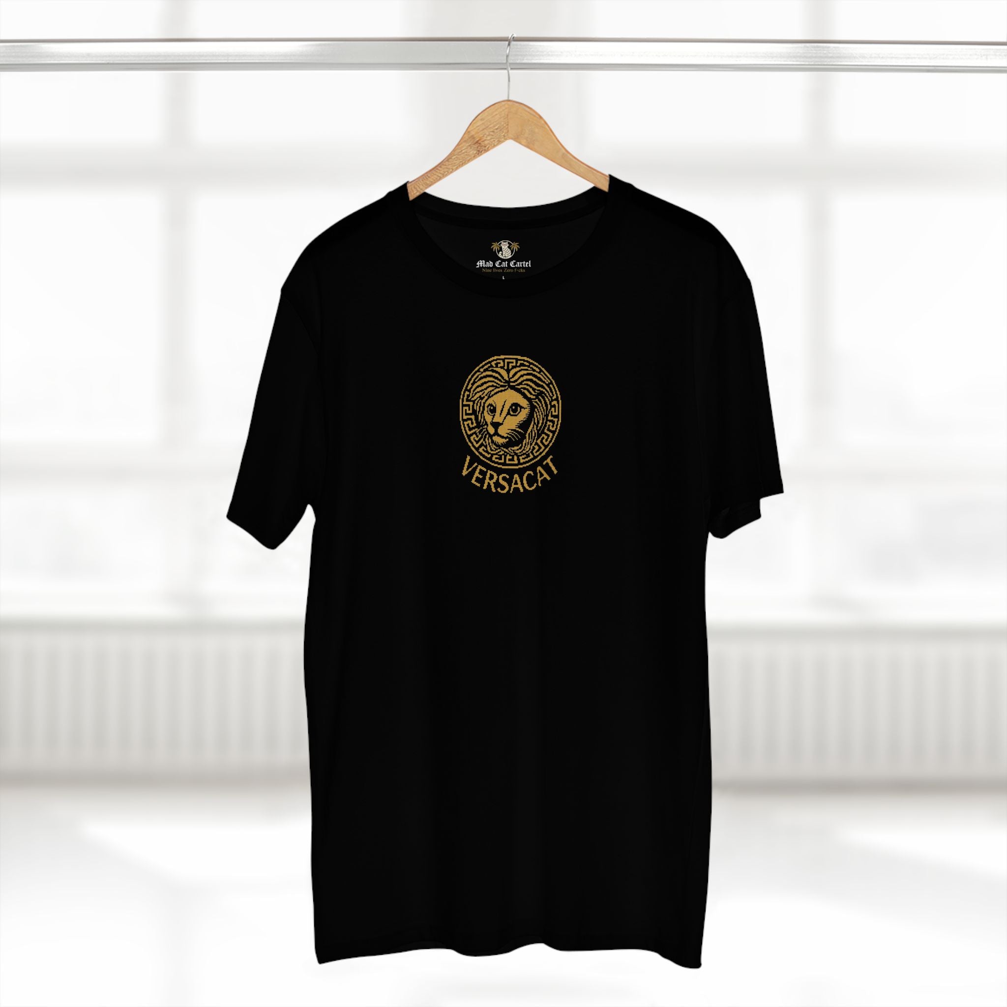 Versacat black graphic t shirt displayed on wooden hanger, stylish black tee for cat lovers