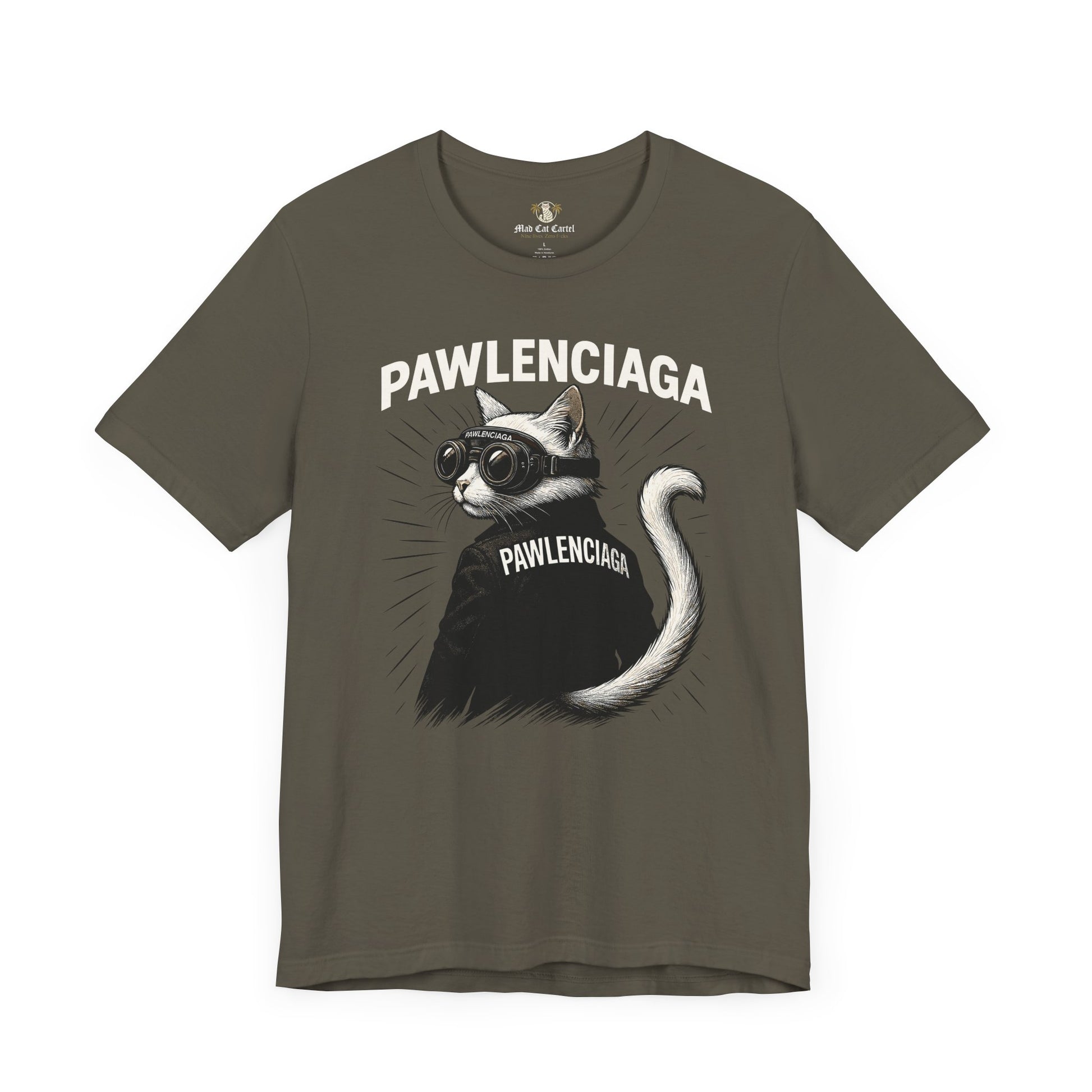 Pawlenciaga Cat With Goggles army green Pose Graphic T-Shirt, black, front view, funny cat shirts for women