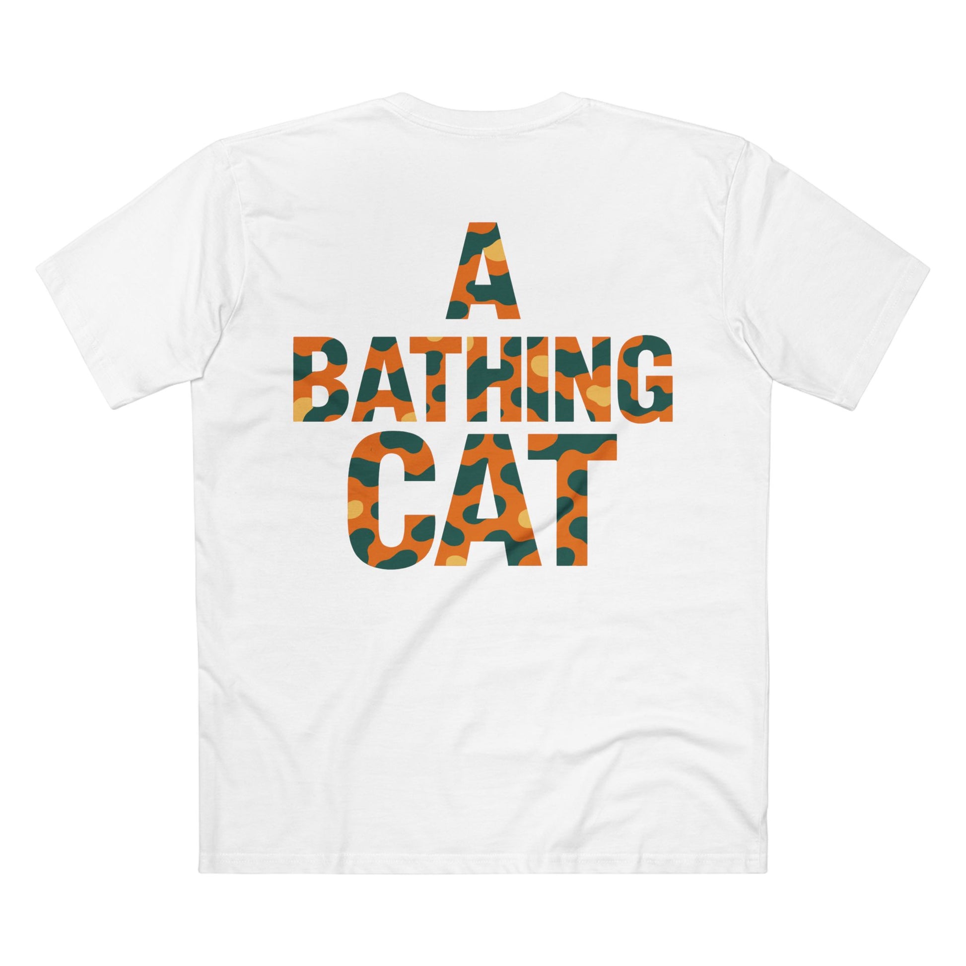 back view, white cat themed apparel t shirt with A Bathing Cat camo lettering