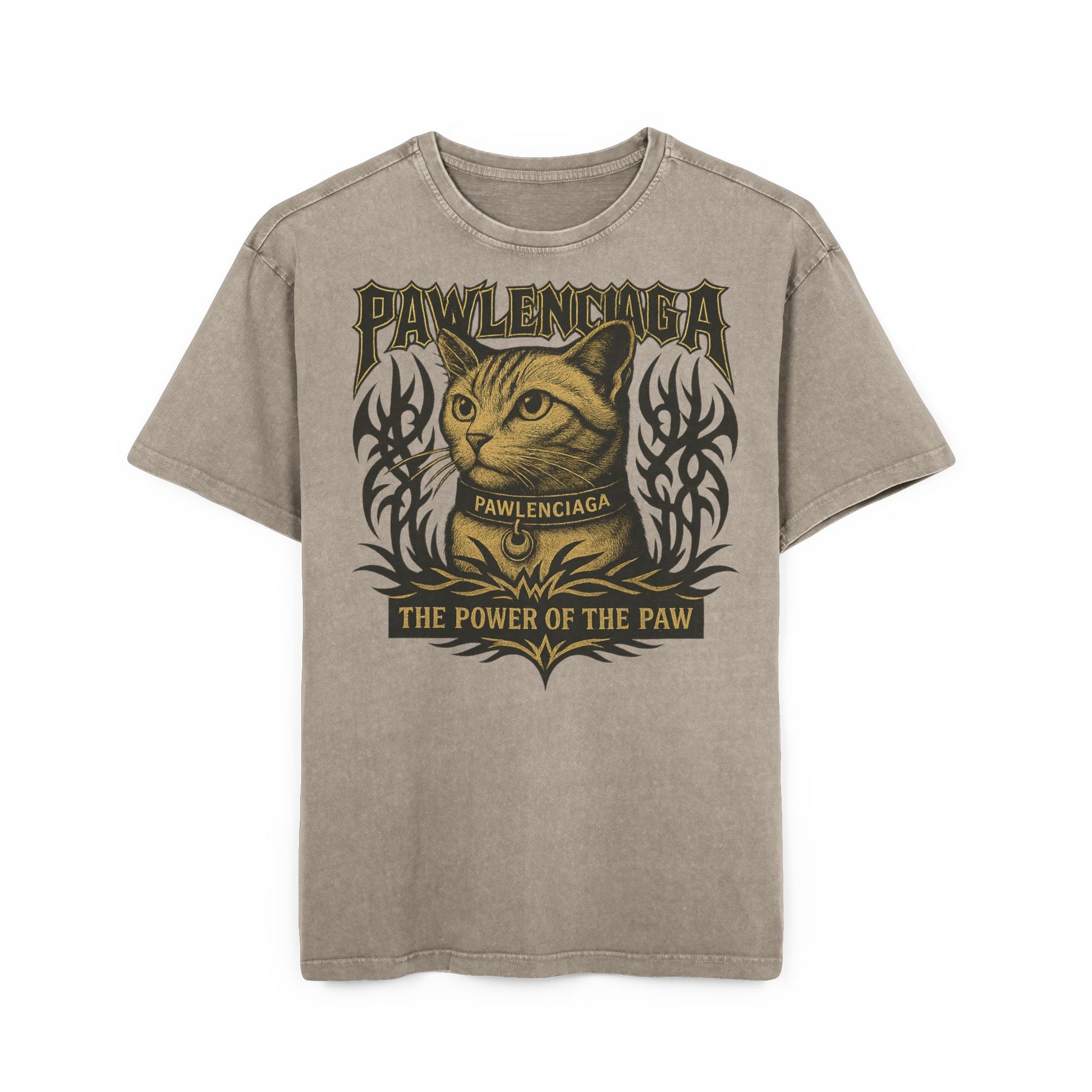 Front view — Dark Khaki: Pawlenciaga The Power of Paw Acid Washed Oversized T Shirt in Dark Khaki, front graphic view