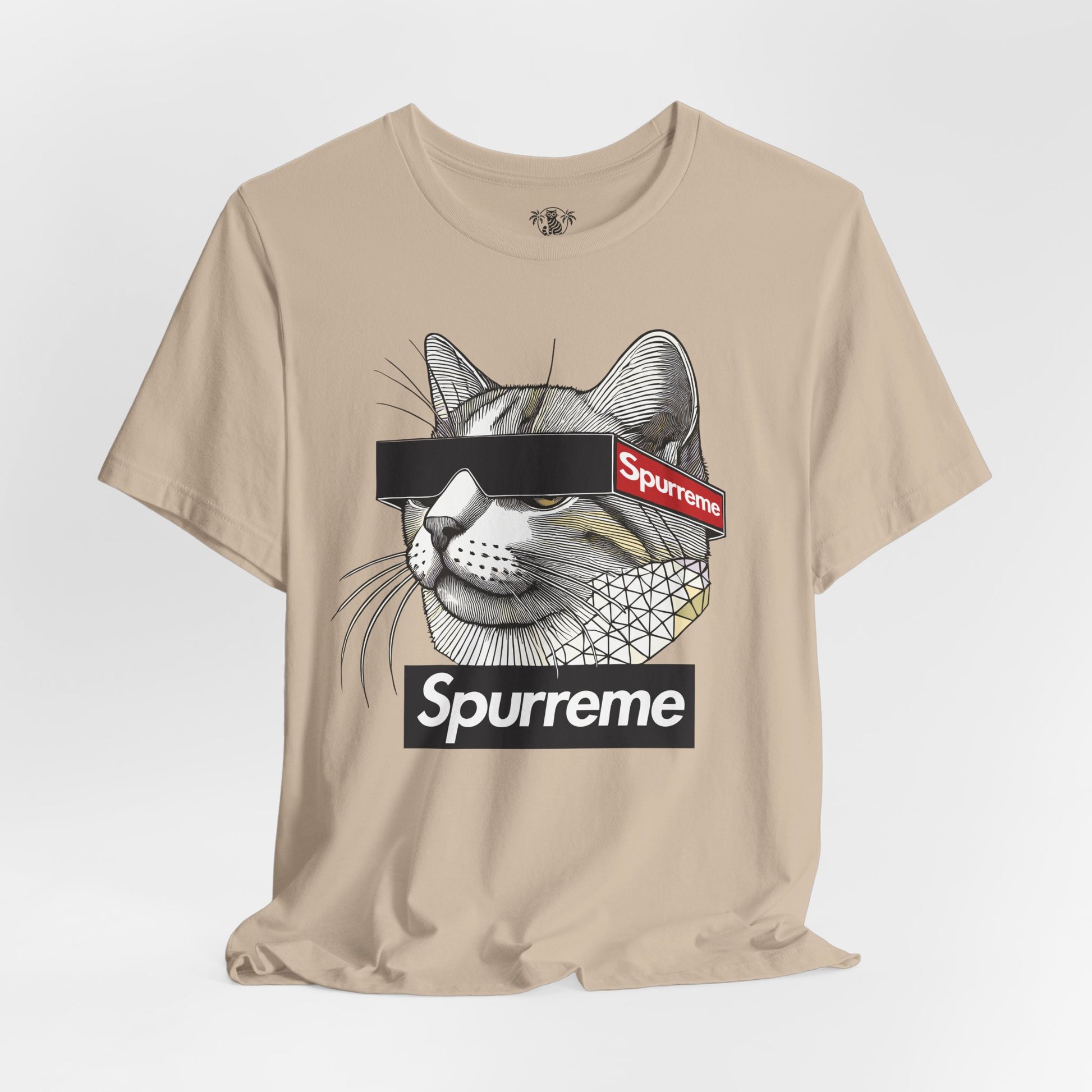Spurreme Triangular Vision Cat Graphic T Shirt in Tan displayed flat – stylish cat graphic tee for cat lovers