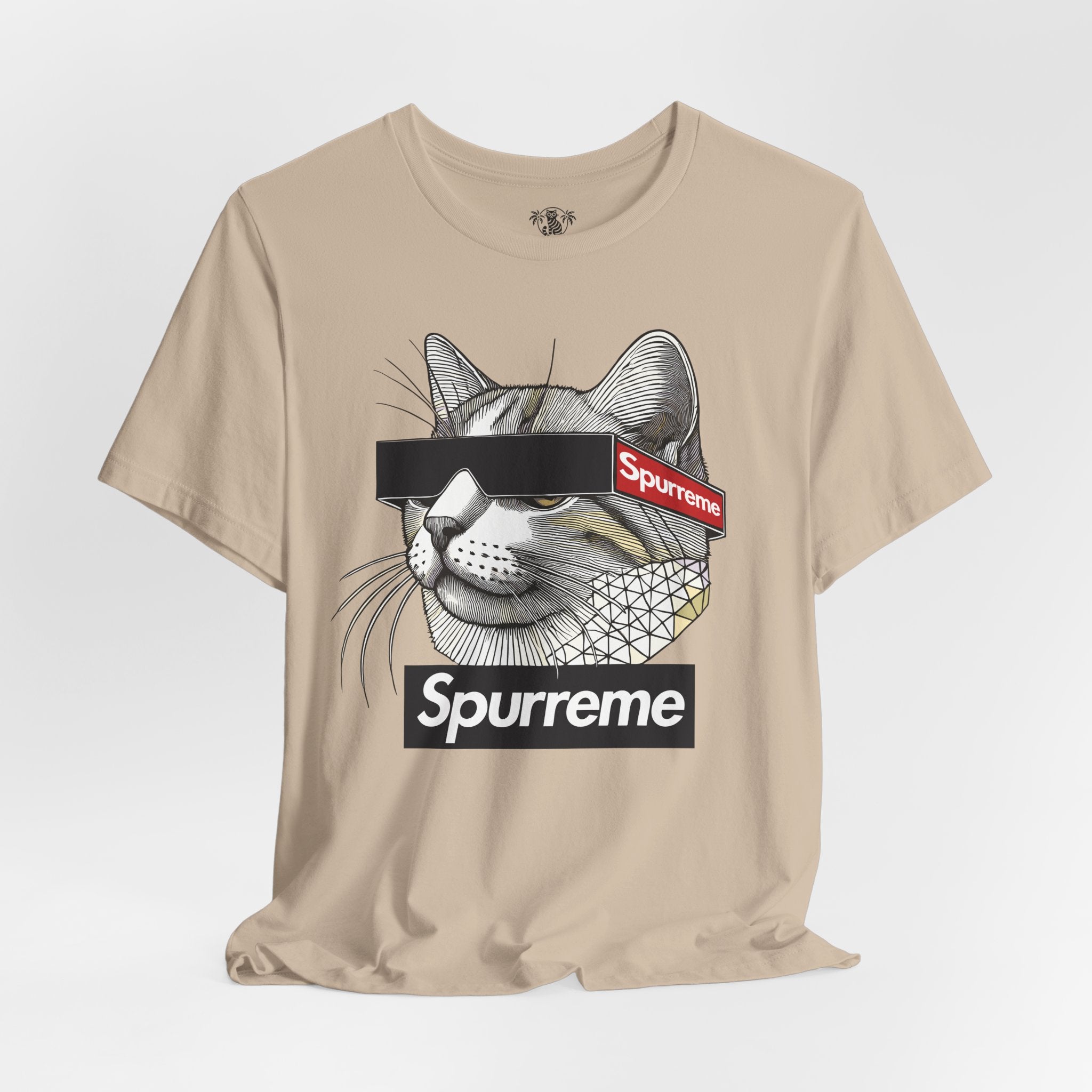 Spurreme Triangular Vision Cat Graphic T Shirt in Tan displayed flat – stylish cat graphic tee for cat lovers