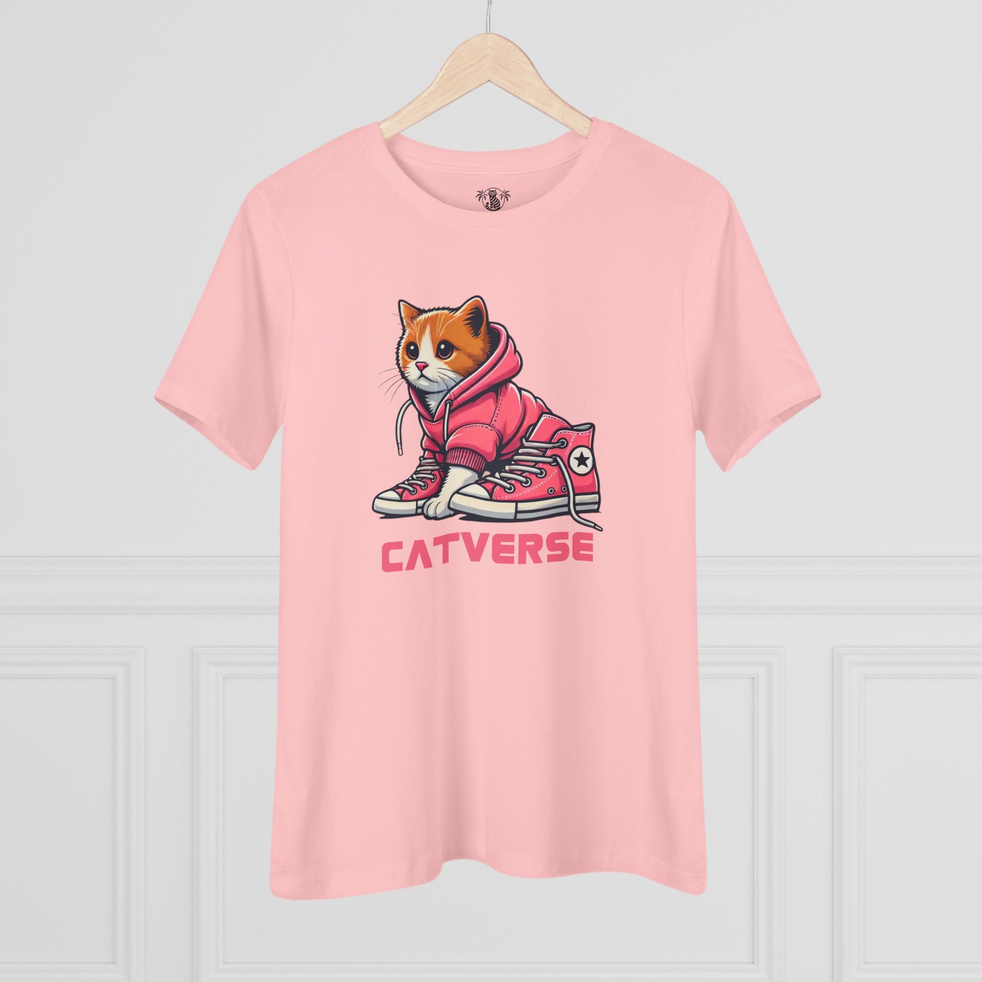 Pink Catverse Hoodie Kicks women’s t shirt on hanger, cat on a shirt, things to get cat lovers