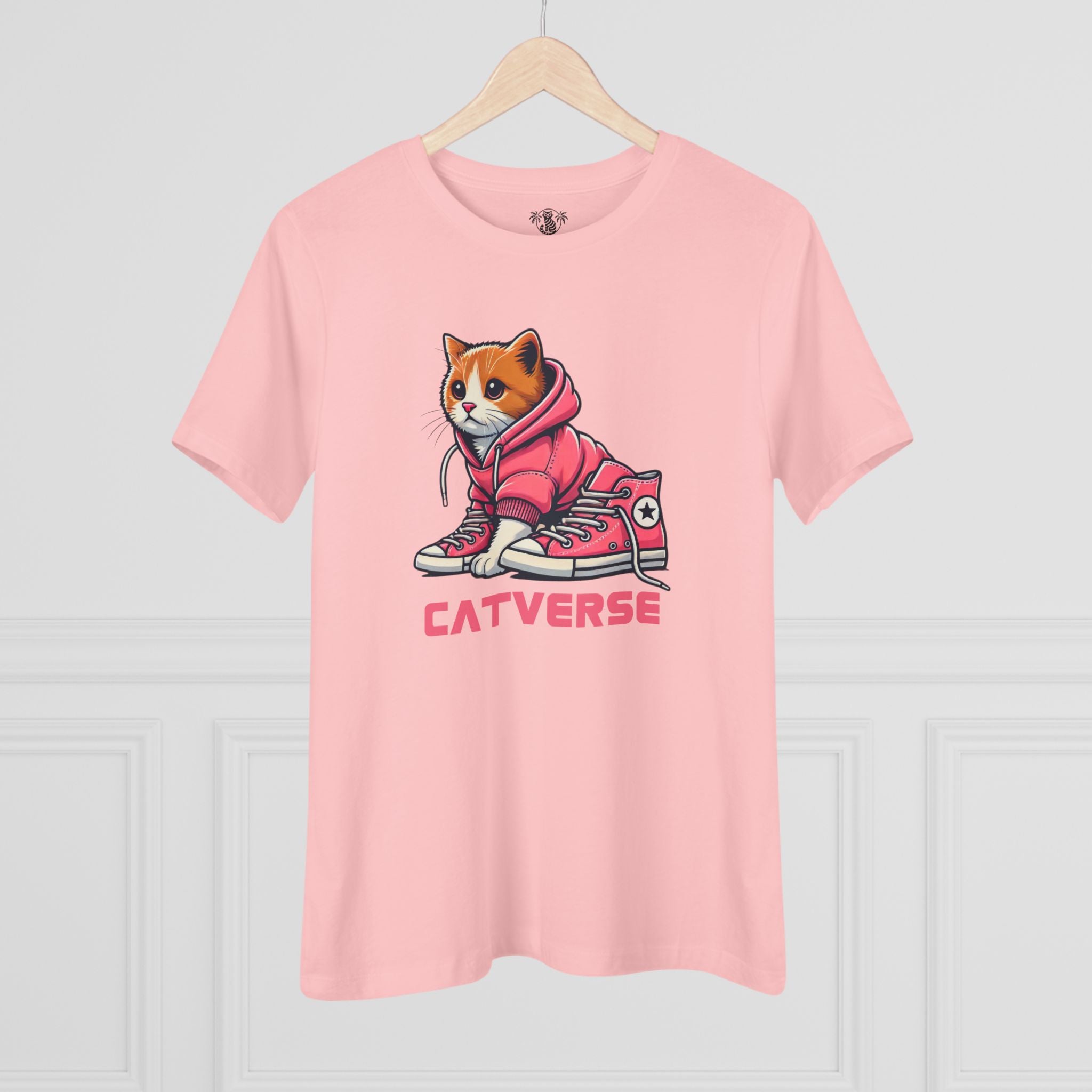 Pink Catverse Hoodie Kicks women’s t shirt on hanger, cat on a shirt, things to get cat lovers