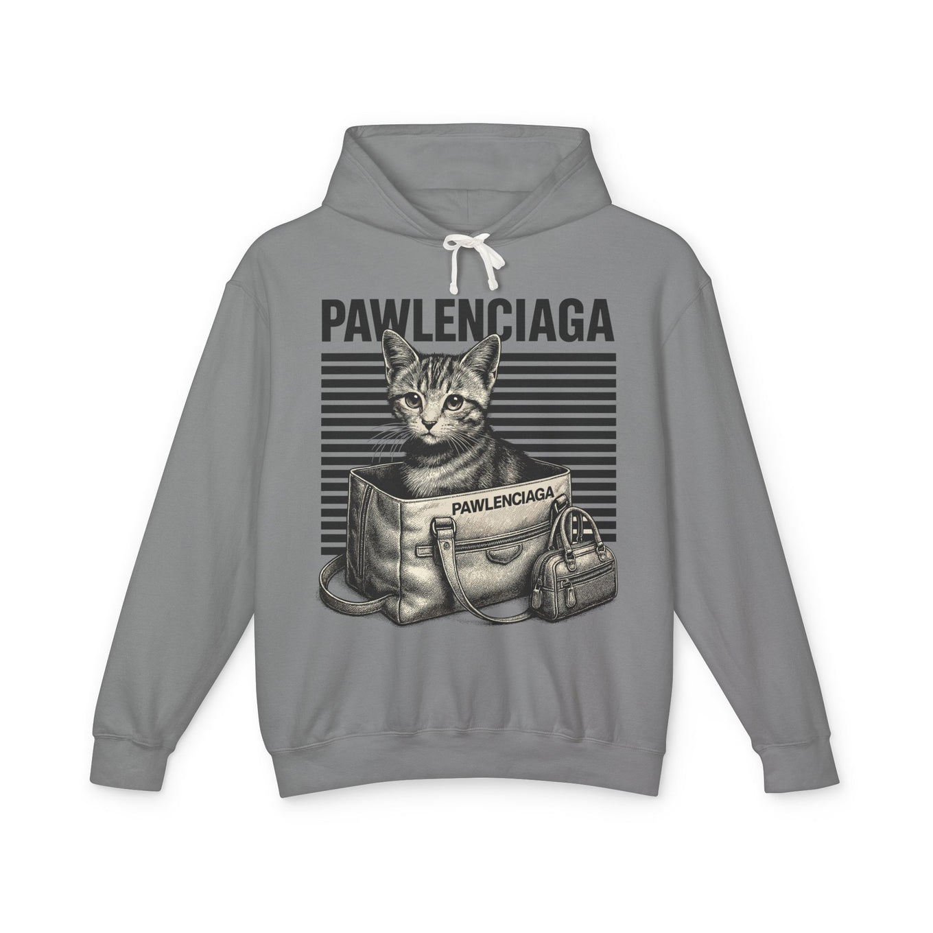 Pawlenciaga Duffle Bag Cat Graphic Hoodie, cat themed apparel in gray